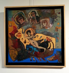 Peinture abstraite « Sea Goddess » de 16" x 16" pouces par Amal Nasr