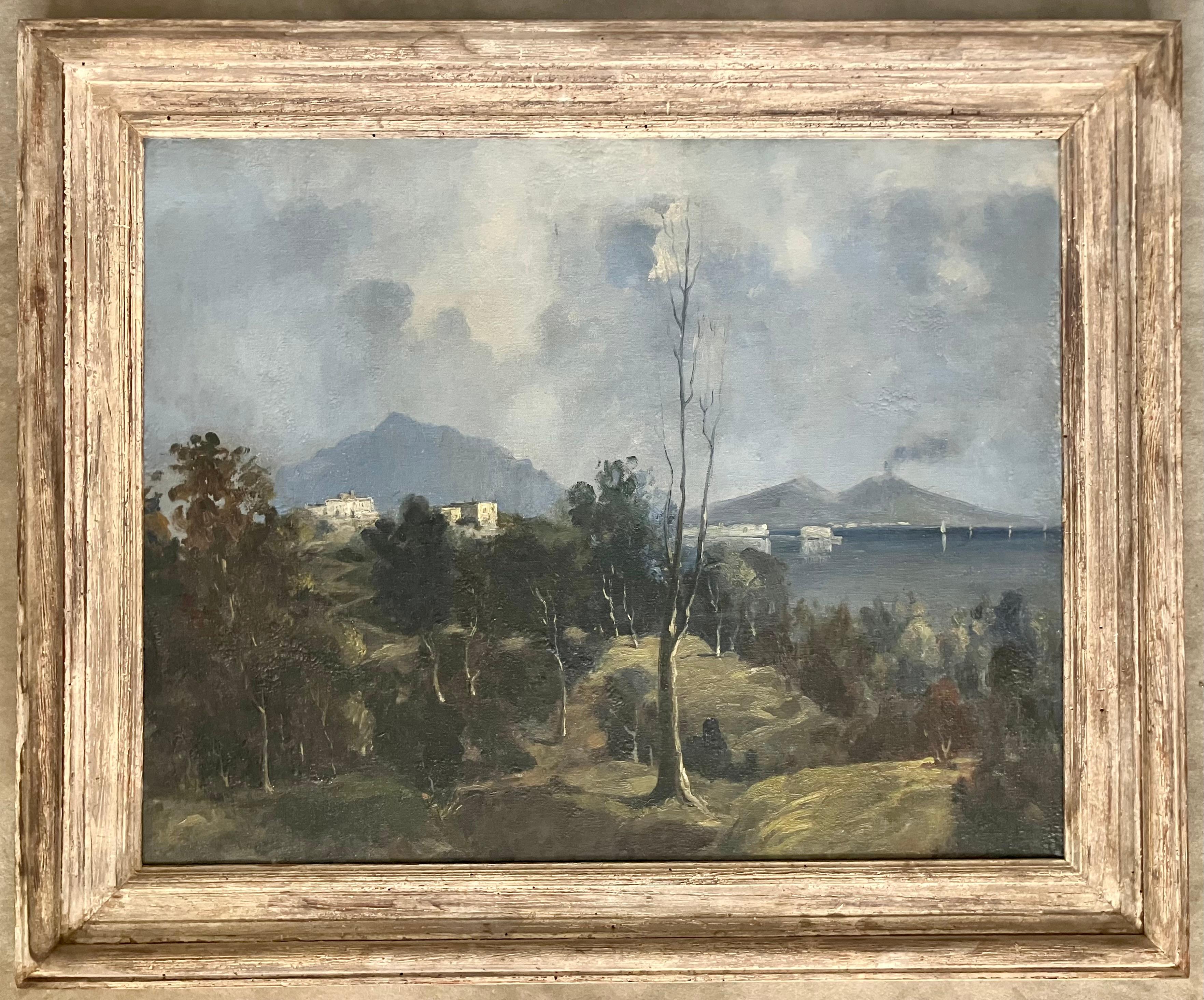 Amalfi Coast with Vesuvius. Vintage oil on board in soft greys and blues and greens of the Bay of Naples with Vesuvius looming in the distance in vintage associated frame. Italy, first quarter of 20th century.

Dimensions: 40