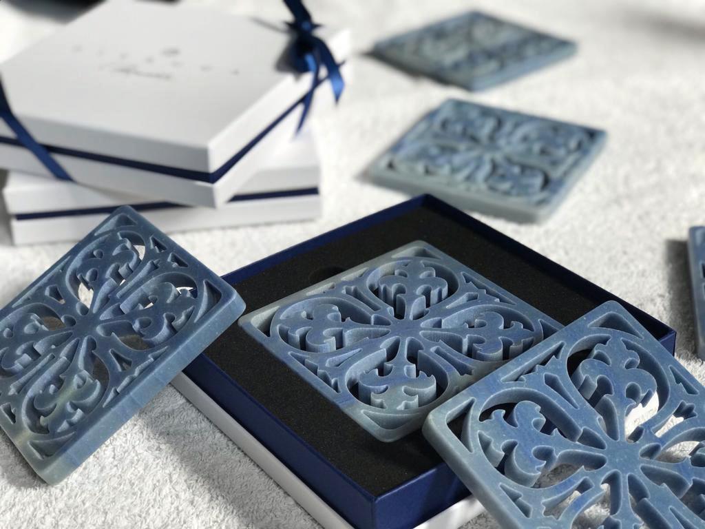 Contemporary Coaster Barware Blue Azul Macaubas Marble Majolica Pattern Handmade Italy For Sale