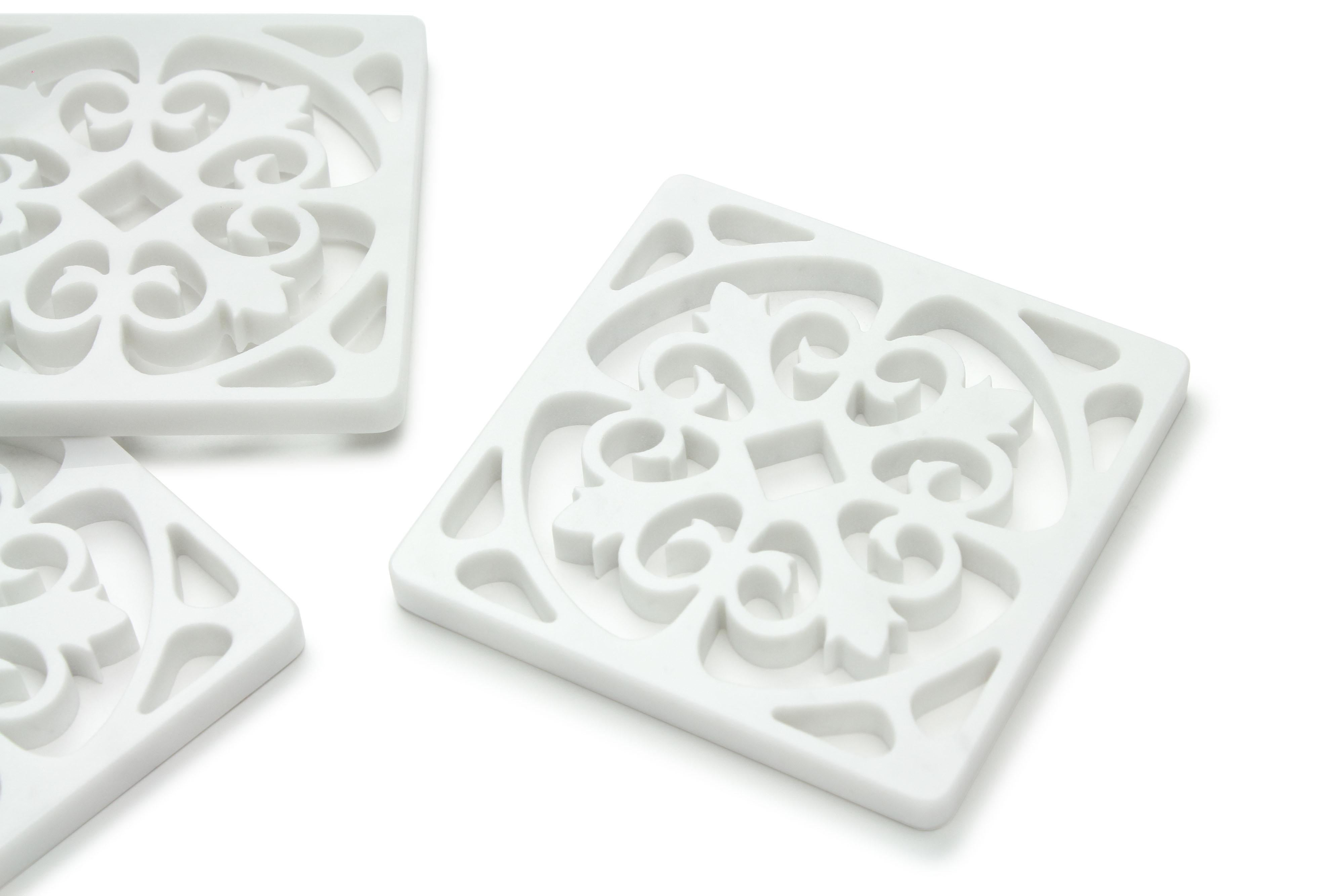 Italian Coaster Barware White Carrara Marble Majolica Pattern Handmade Italy Collectible For Sale