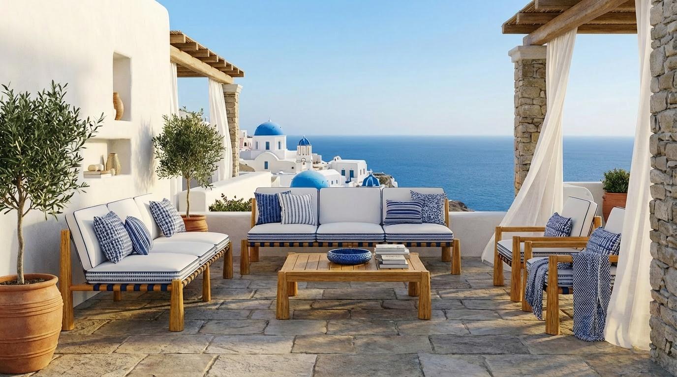 El Sofá Amalfi, creado en colaboración con Mediterrazza, se inspira en la artesanía mediterránea y combina la belleza natural con un confort refinado. Su estructura de rica madera de iroko, acentuada con elegantes detalles de cordones de cuero y un