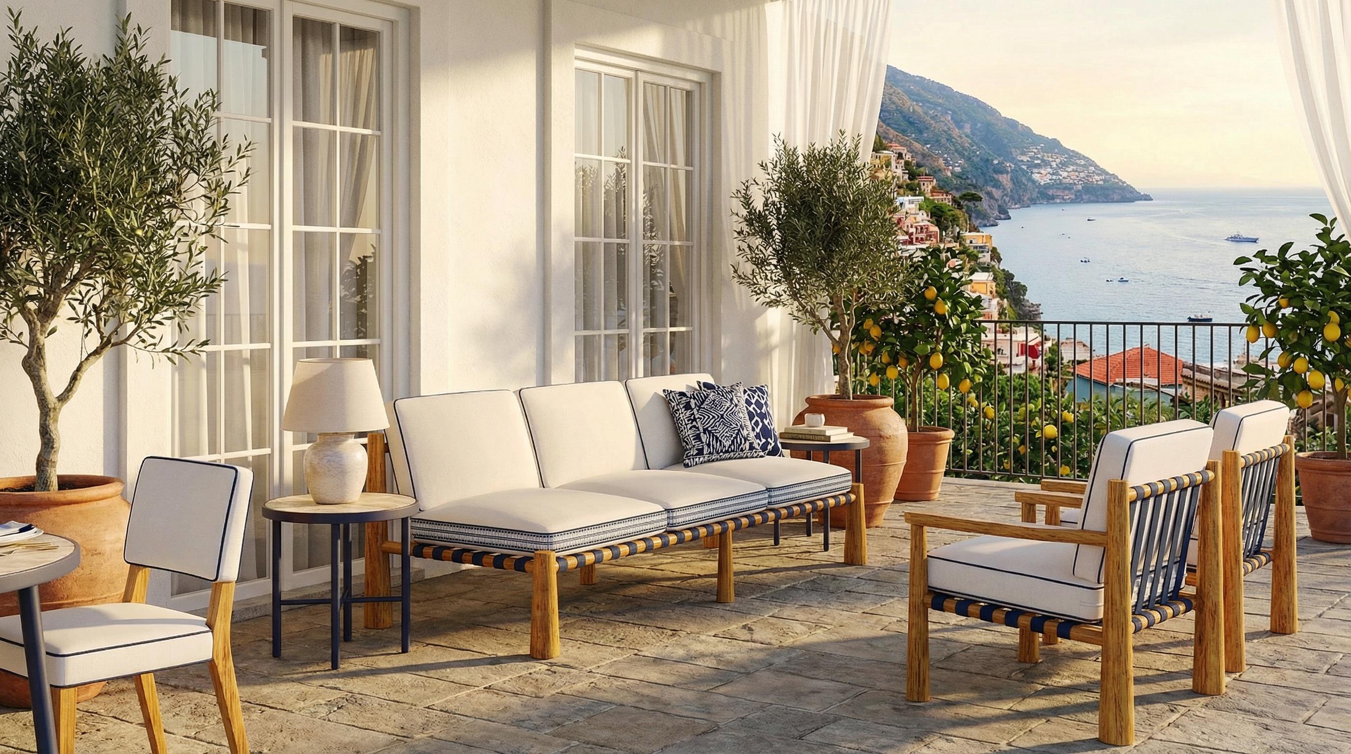 Sofá de exterior Amalfi de madera de iroko con detalles de cordones de cuero Moderno en venta