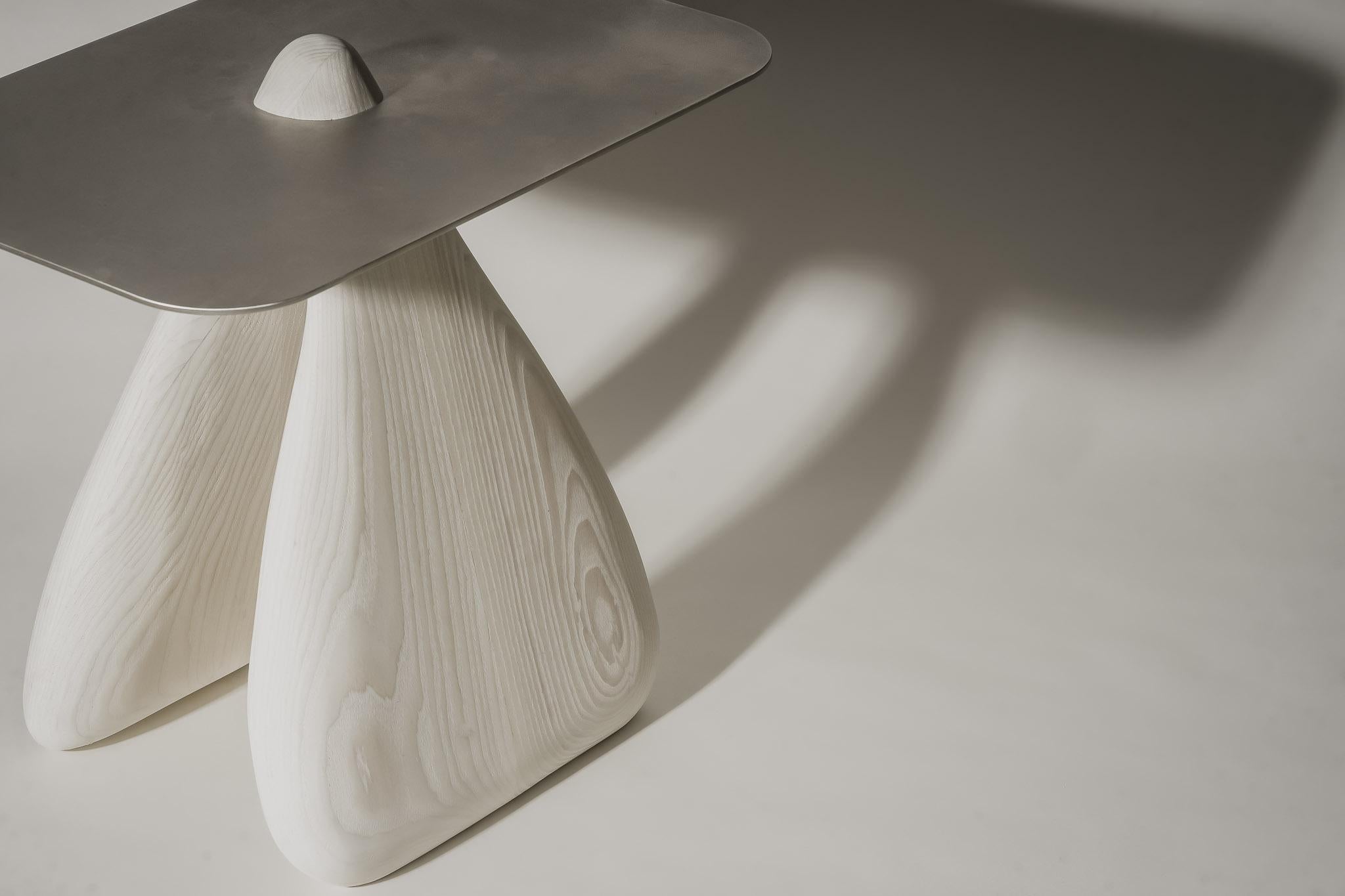 Organic Modern Amalgame, Contemporary Side Table, Carved Ash & Steel Top by Nadine Hajjar For Sale