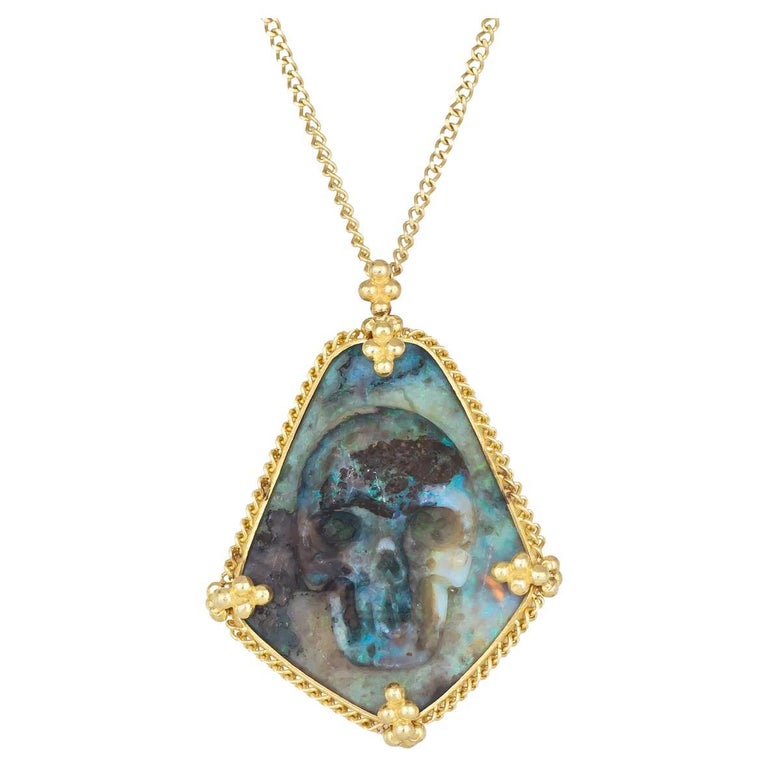 Amáli Carved Andamooka Opal Skull Necklace For Sale at 1stDibs