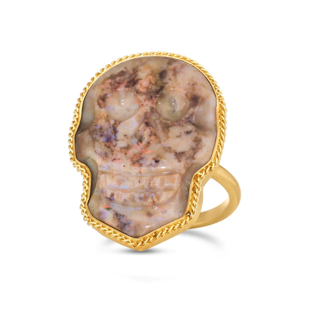 Contemporary Amáli Carved Andamooka Opal Skull Ring For Sale