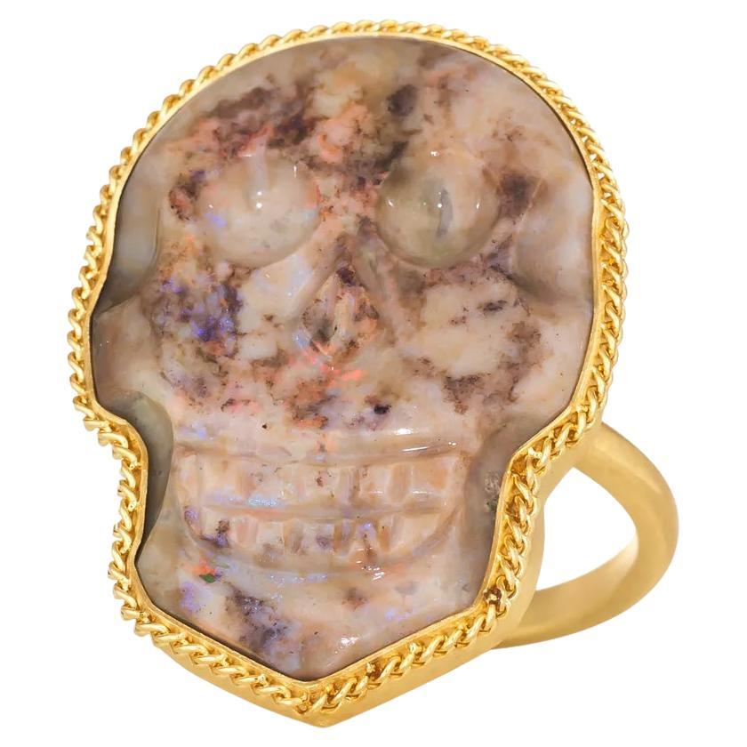 Amáli Carved Andamooka Opal Skull Ring For Sale
