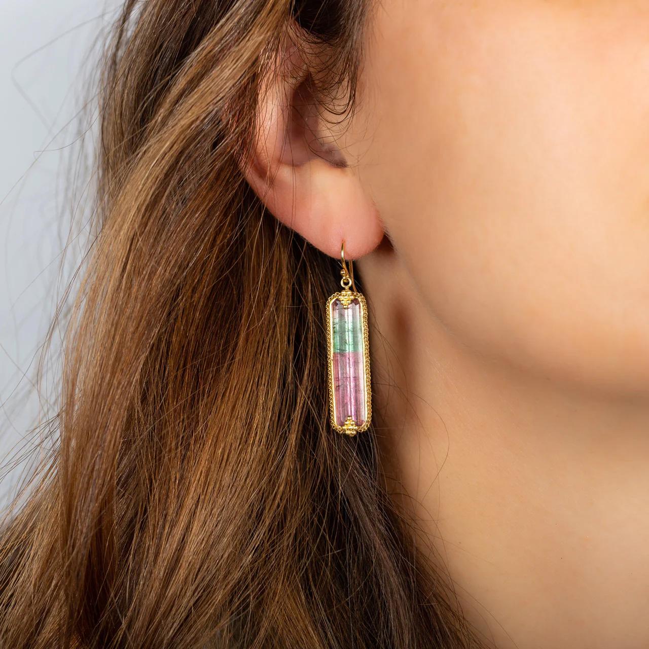 The colors in these Tourmaline earrings are as soft and lovely as the first glimpse of dawn, when tender new sunlight filters gently though a sky veiled in wisps of morning mist. Delicate pink below gives way to the subtle green of new spring growth