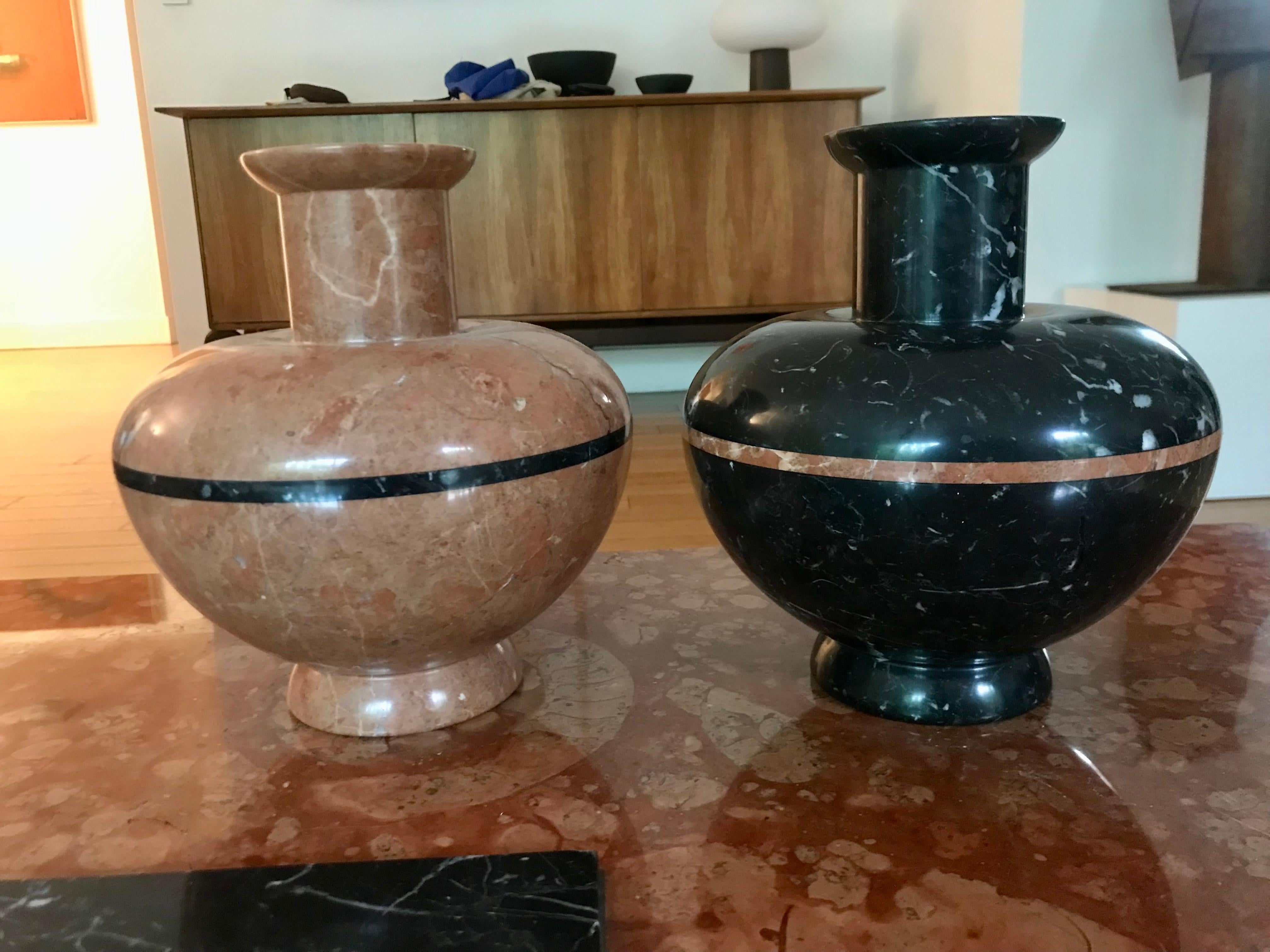 Carved Fossilized Marble Table + Two Vases Amalia Schultless For Sale