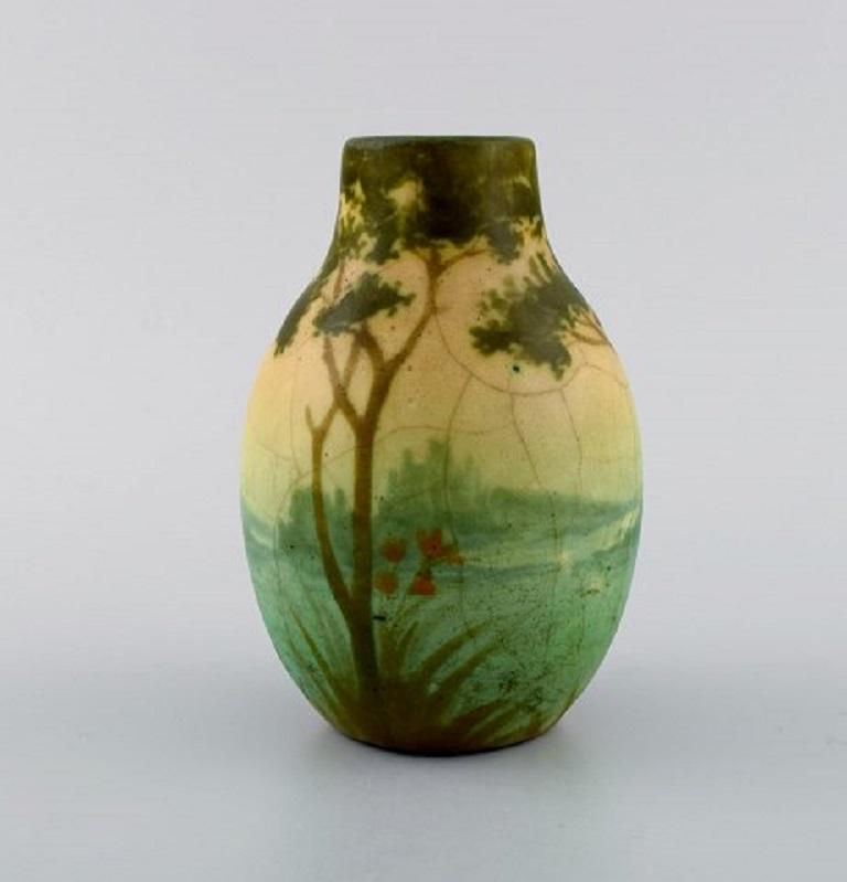 Belle Époque Amalric Walter for Nancy, Rare Vase in Ceramics with River Landscape For Sale