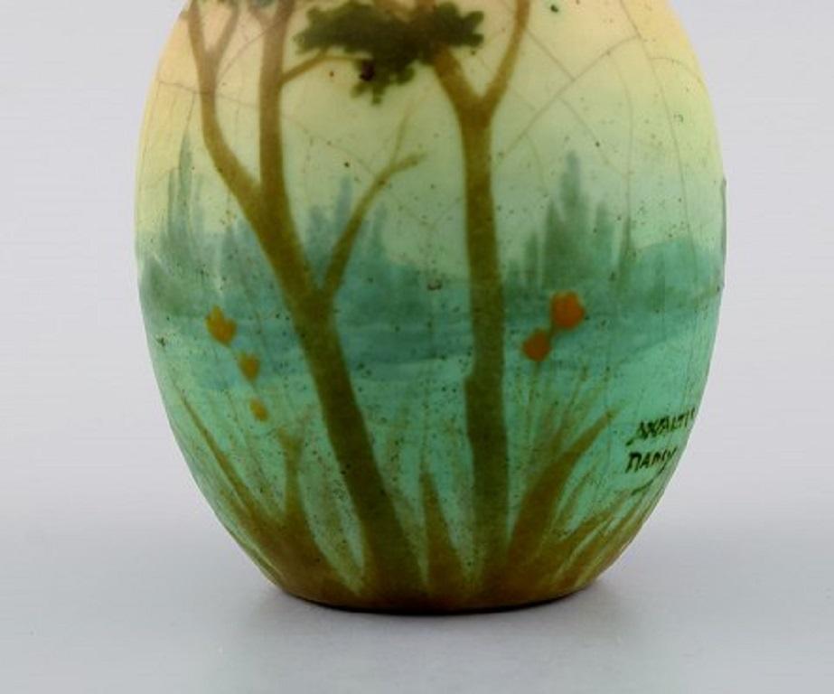 Hand-Painted Amalric Walter for Nancy, Rare Vase in Ceramics with River Landscape For Sale