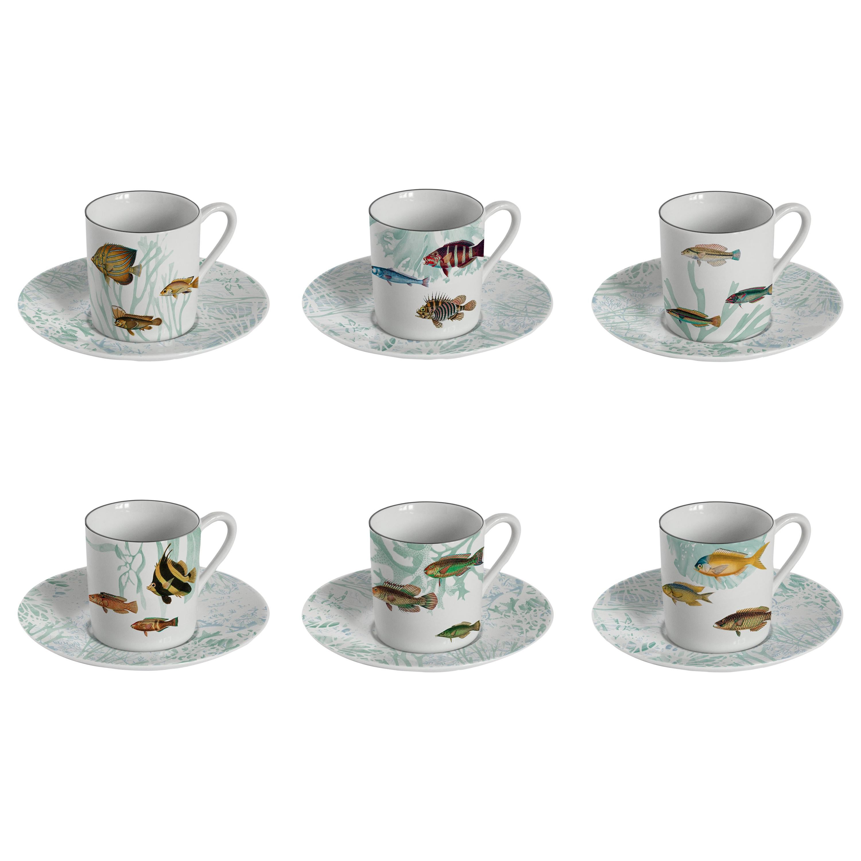 Amami, Coffee Set with Six Contemporary Porcelains with Decorative Design For Sale
