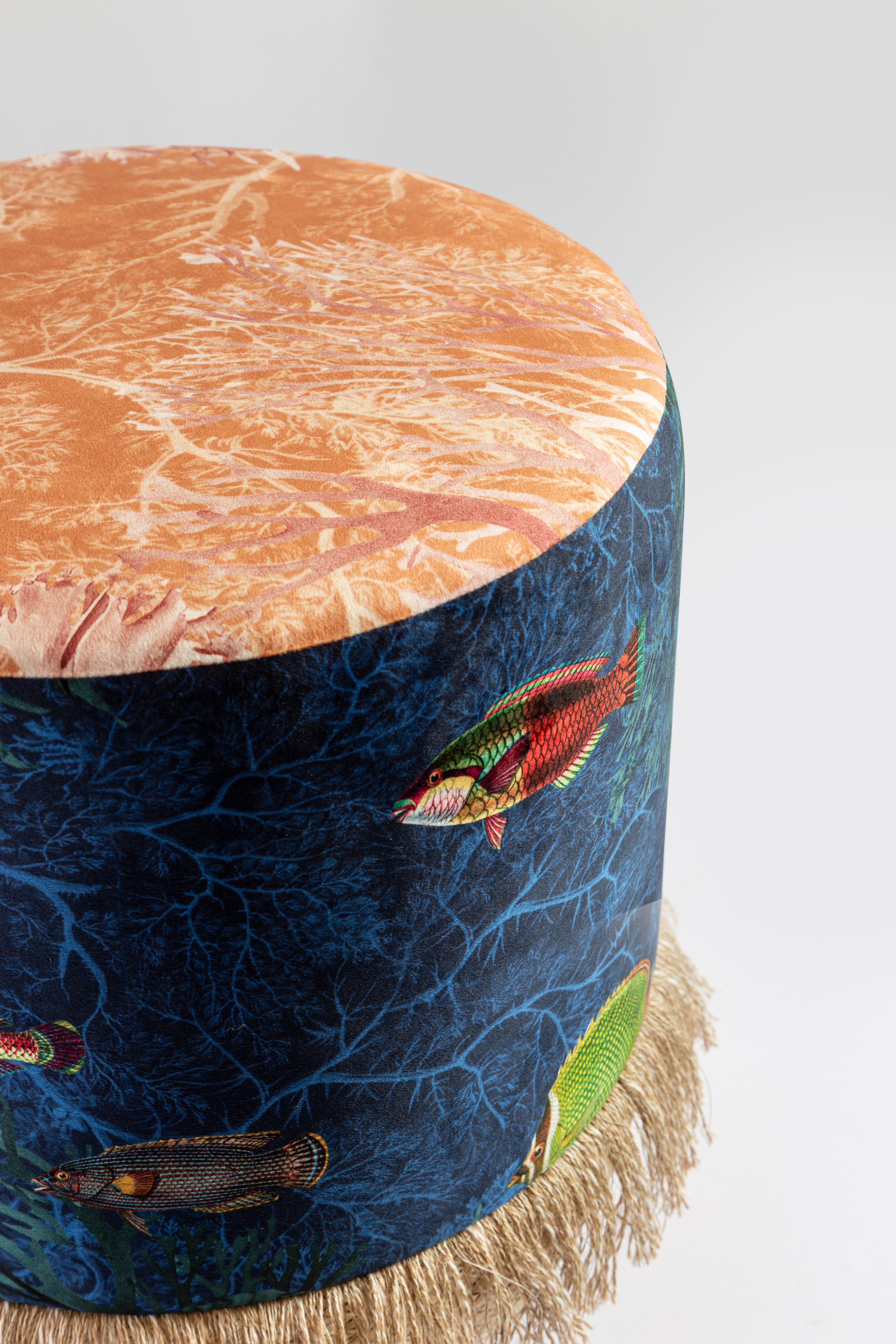 Italian Amami, Contemporary Printed Velvet and Natural Strew Pouf by Vito Nesta For Sale
