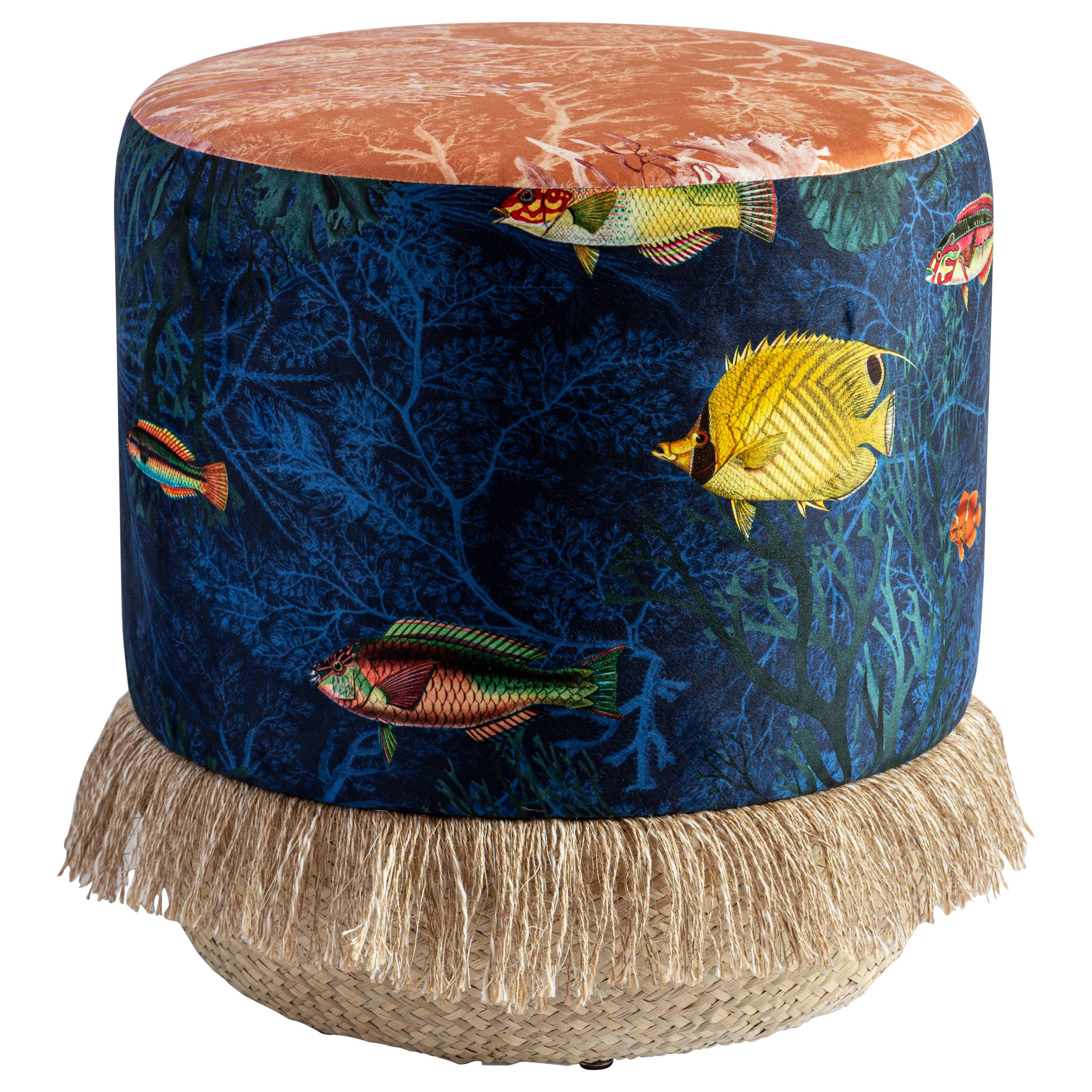 Amami, Contemporary Printed Velvet and Natural Strew Pouf by Vito Nesta For Sale