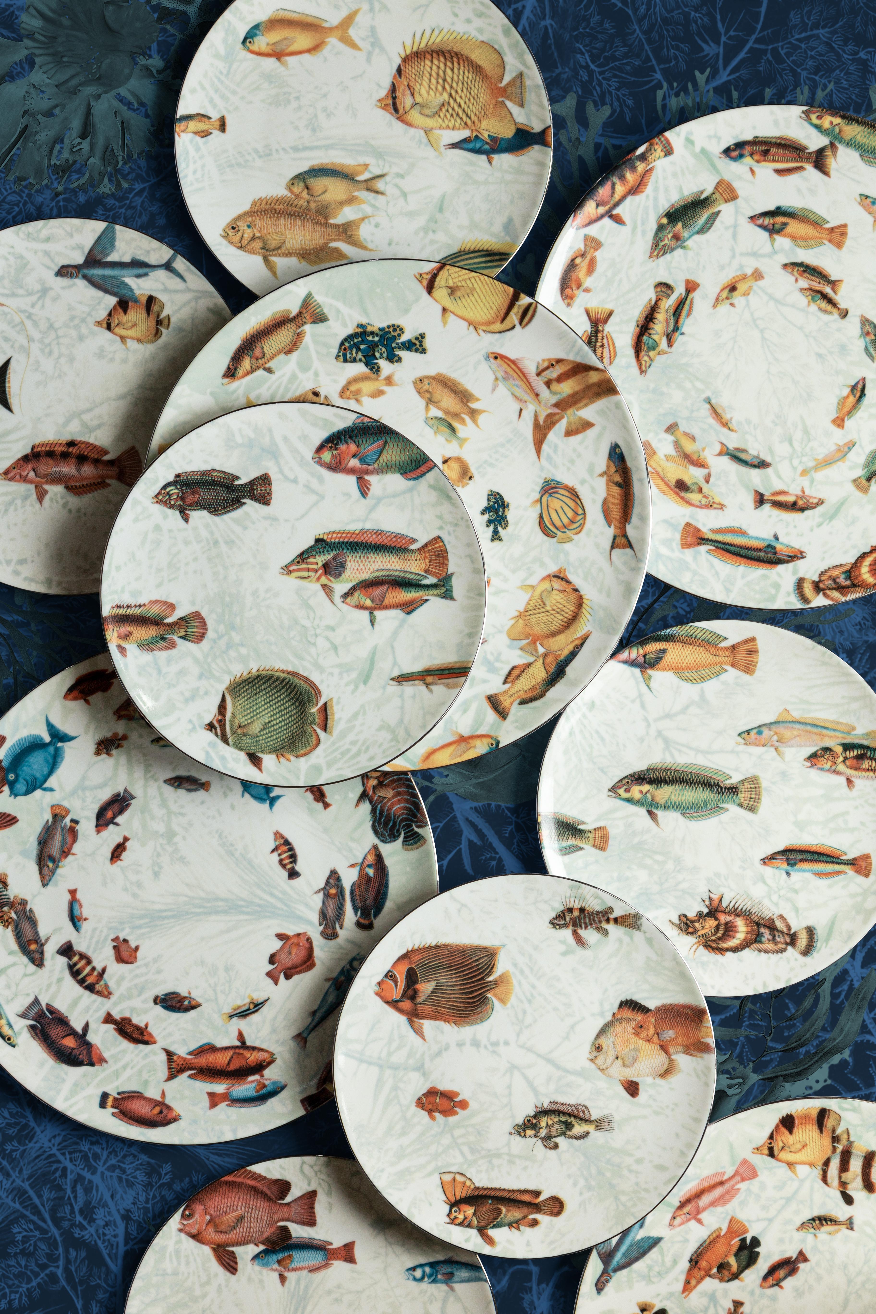 Amami, Six Contemporary Porcelain Dessert Plates with Decorative Design For Sale 5