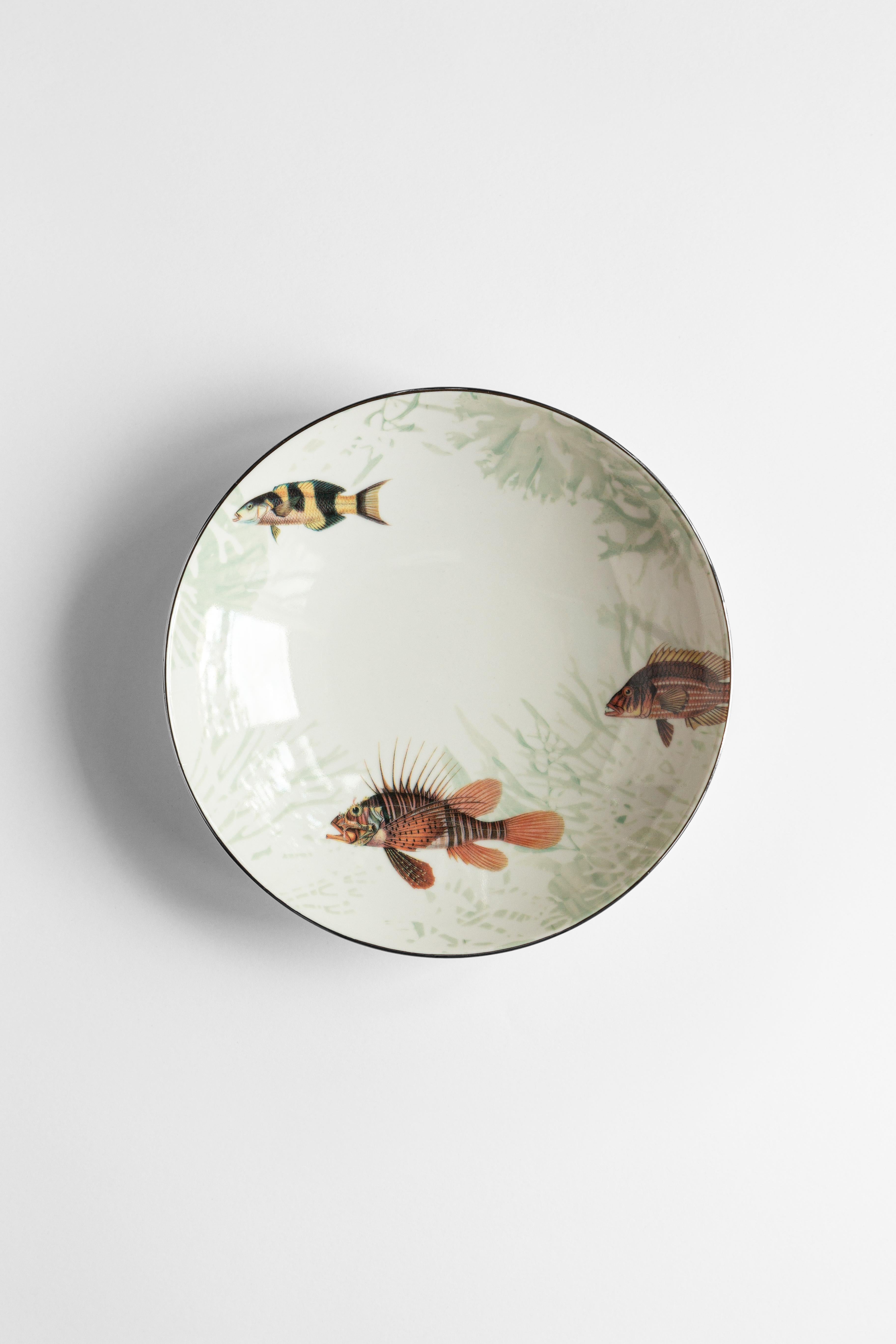 Amami, Six Contemporary Porcelain Soup Plates with Decorative Design For Sale 1