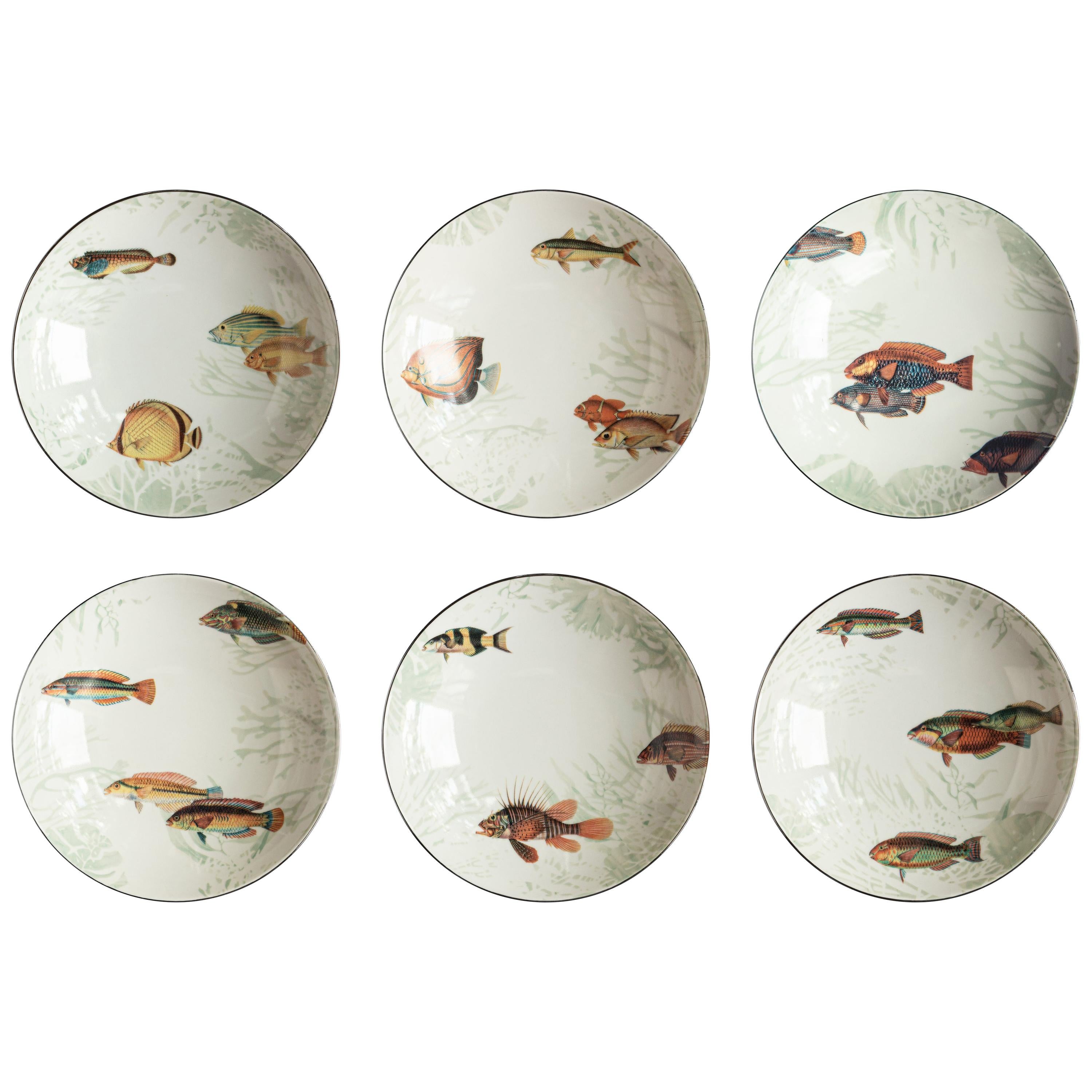 Amami, Six Contemporary Porcelain Soup Plates with Decorative Design