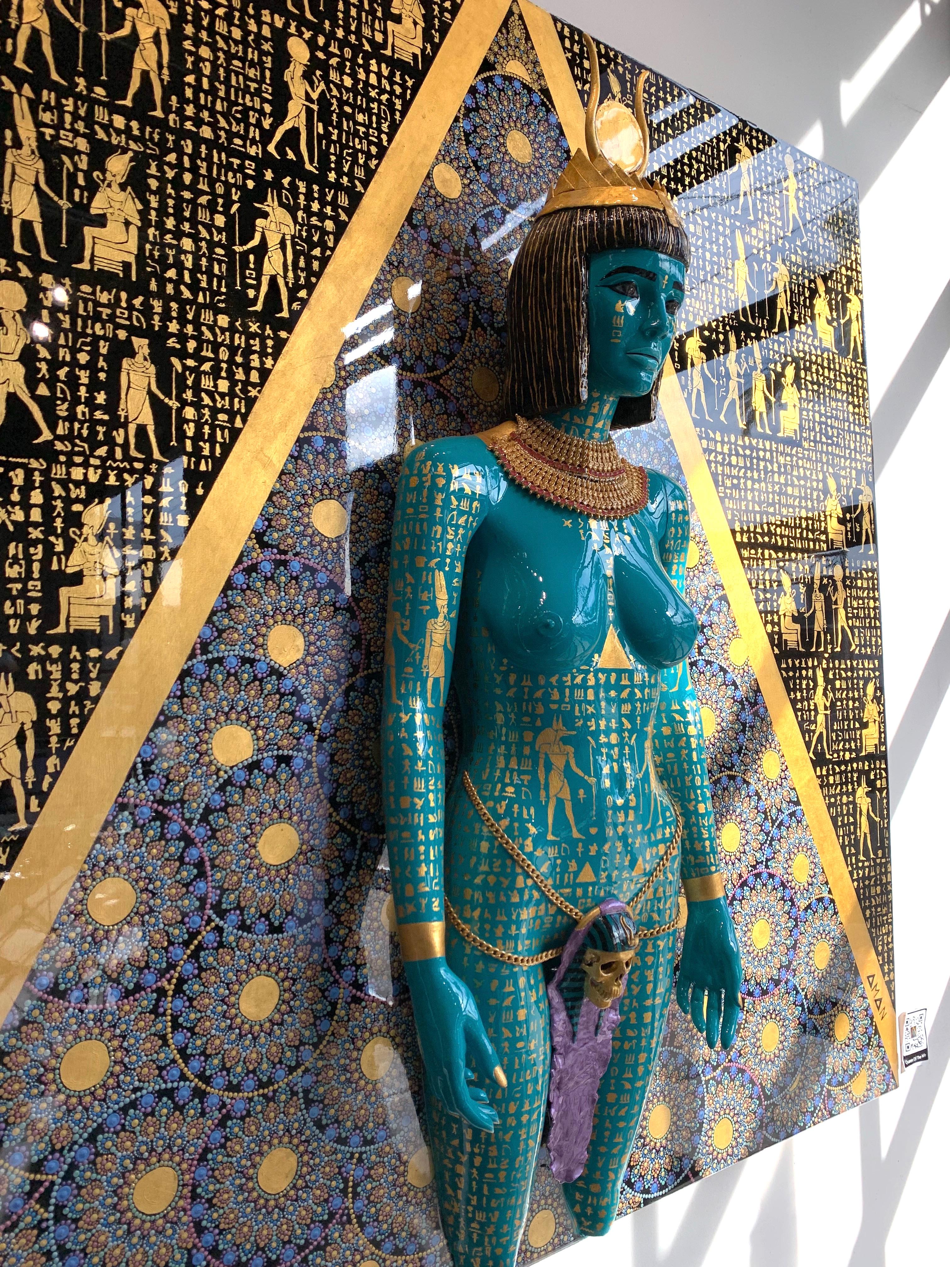 This powerful piece by Aman Shekarchi is entitled Queen of the Nile. The central figure is sculptural and strikingly comes out from the highly detailed painting surface. The design elements on the figure and background are precise and visually