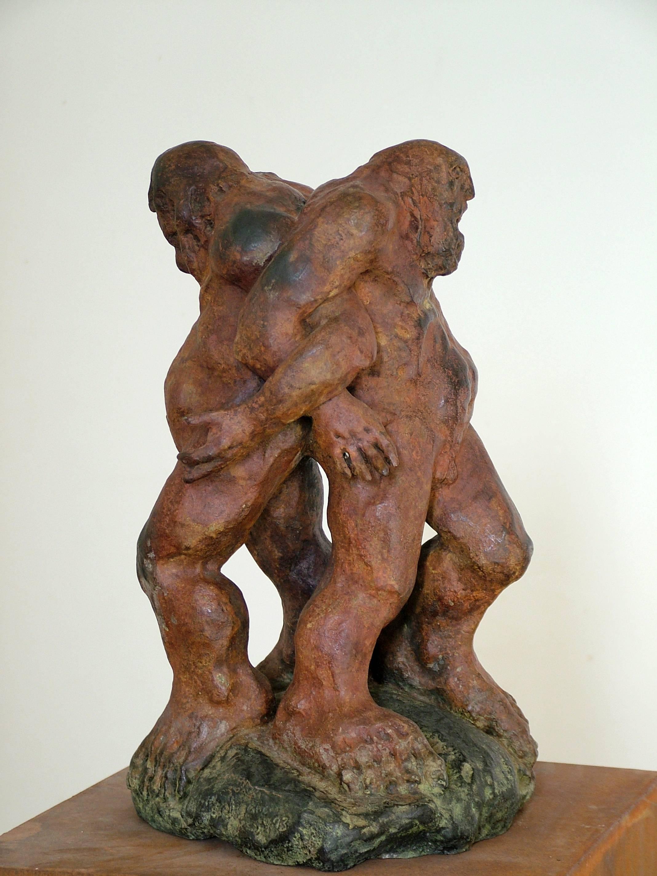 Amancio González Andrés Figurative Sculpture - Amancio   Leonese Fight "CARNE ROTA"  original sculpture bronze - 2008
