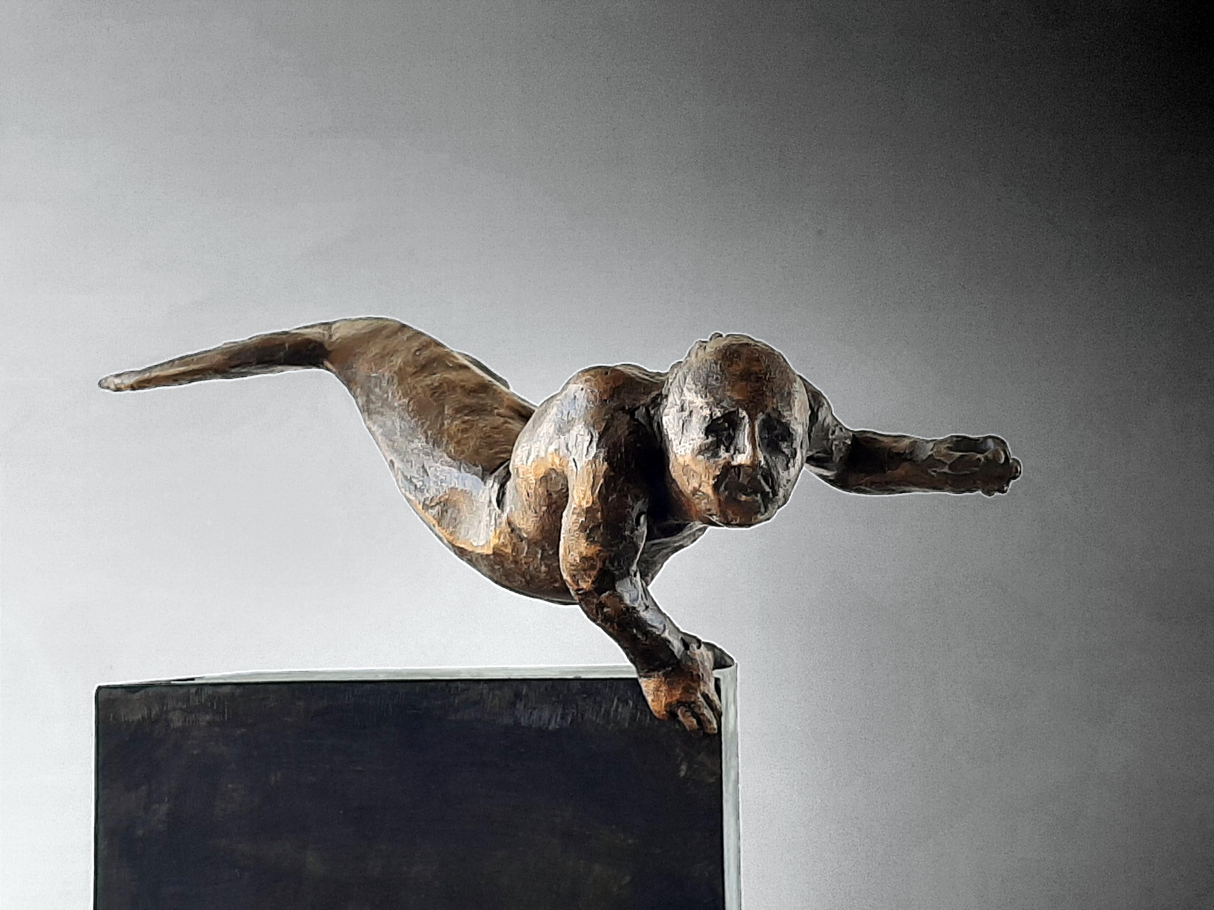 Amancio González Andrés Figurative Sculpture - Amancio   Man  Fish Ladron de perlas III" original bronze iron sculpture