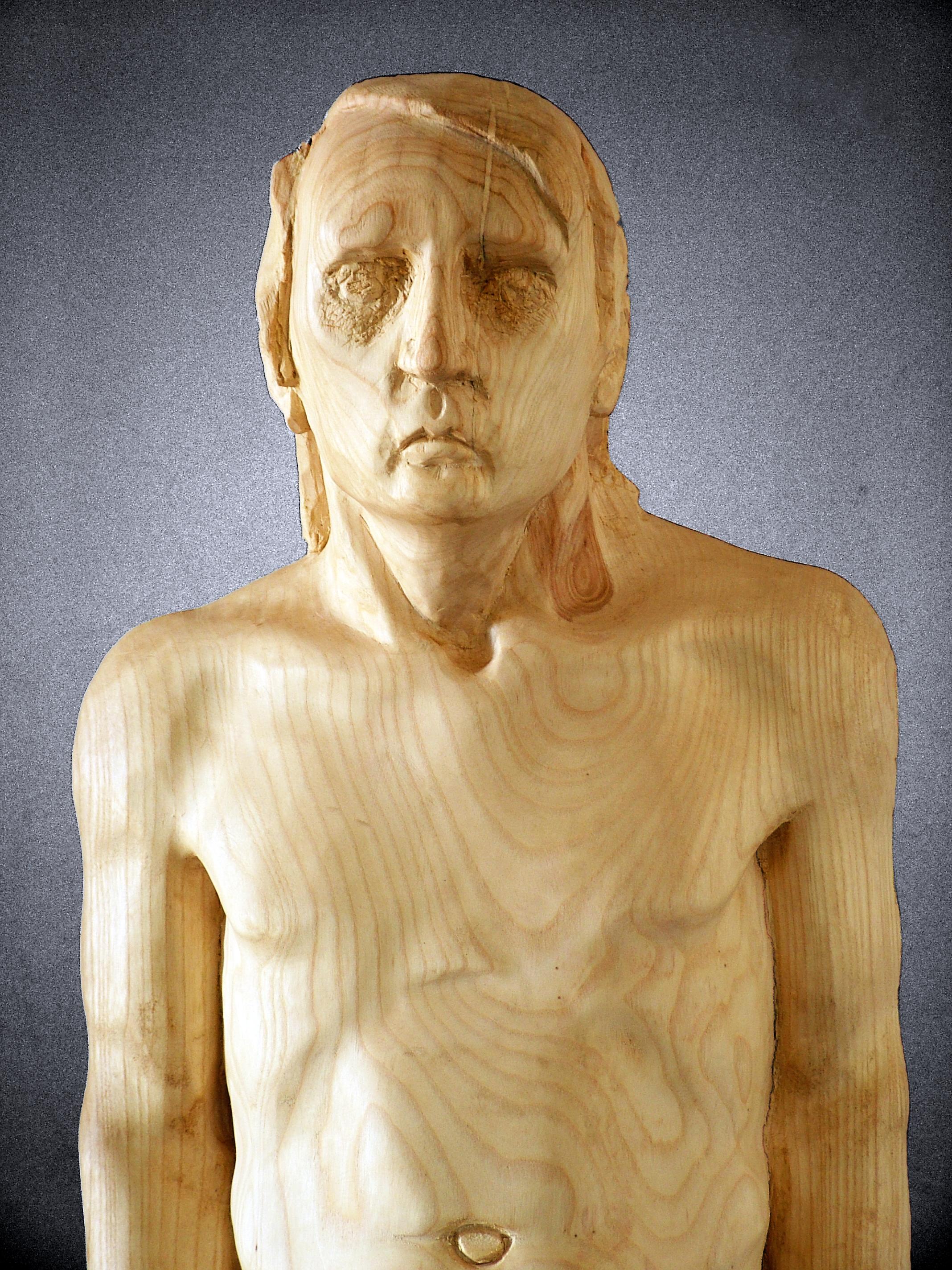 Amancio  Man  Wood original sculpture - Brown Figurative Sculpture by Amancio González Andrés
