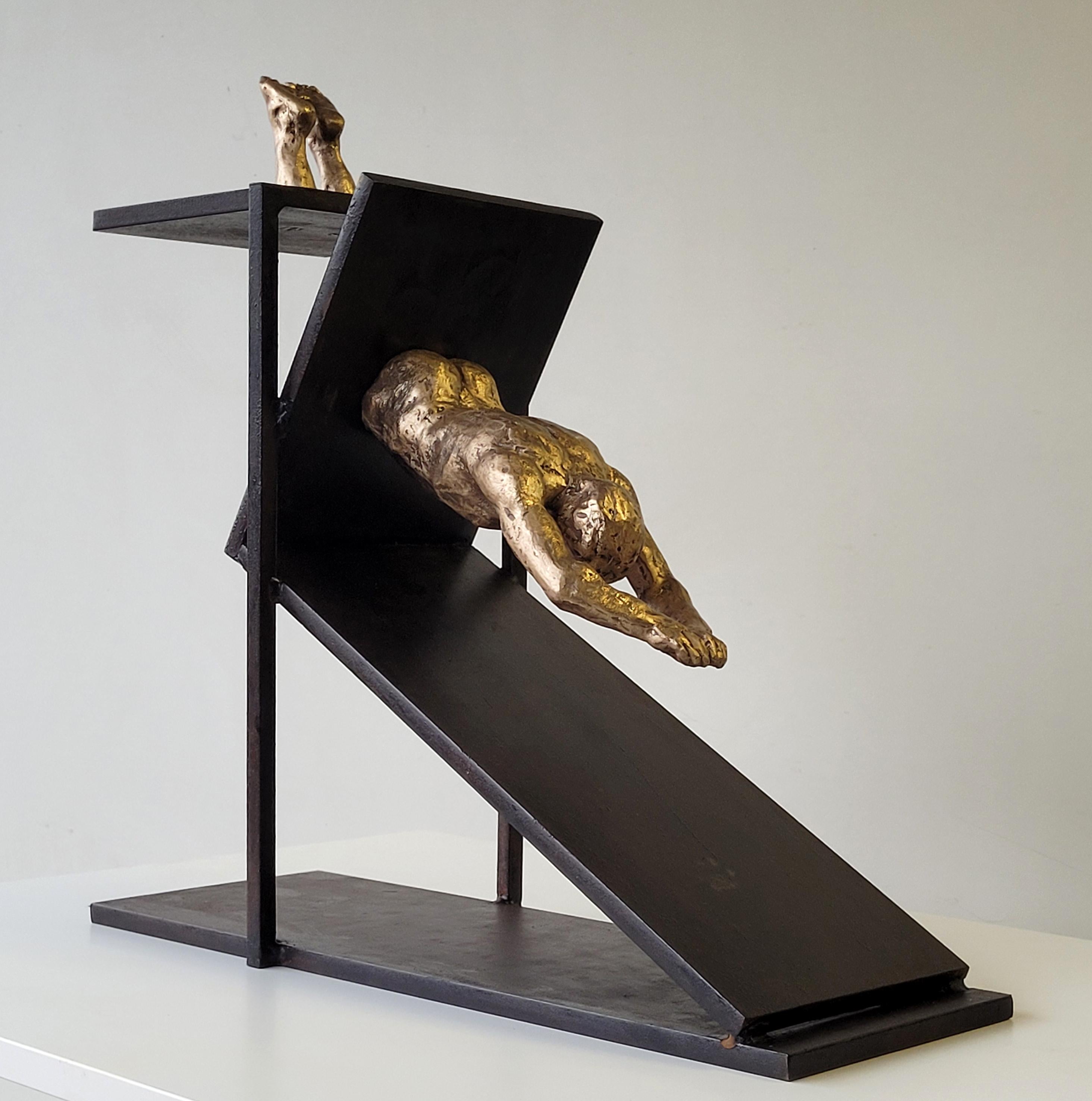 Amancio González Andrés Figurative Sculpture - Amancio  Pool  Gold and Black Bronze. iron. EL SALTO III. original sculpture