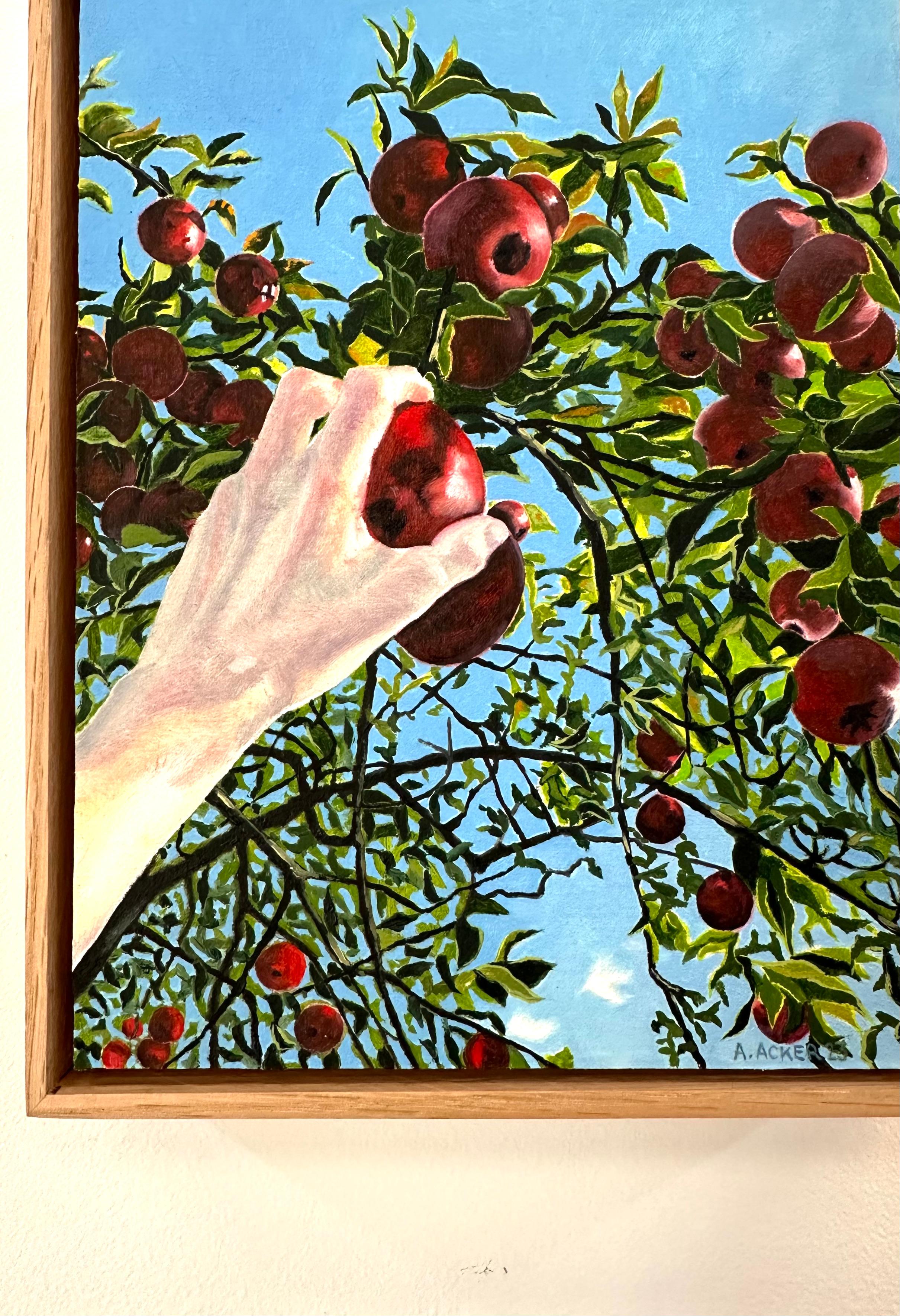 In this contemporary garden landscape in oil on muslin mounted on panel, ruby red apples and lush green leaves are vibrant against a blue sky, while a hand reaches to pluck one of the fruits from the apple tree. Signed and dated on recto, signed,