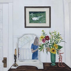 August Still, Still Life, Interior, Sunflowers, Bouquet, Female Figure in Mirror