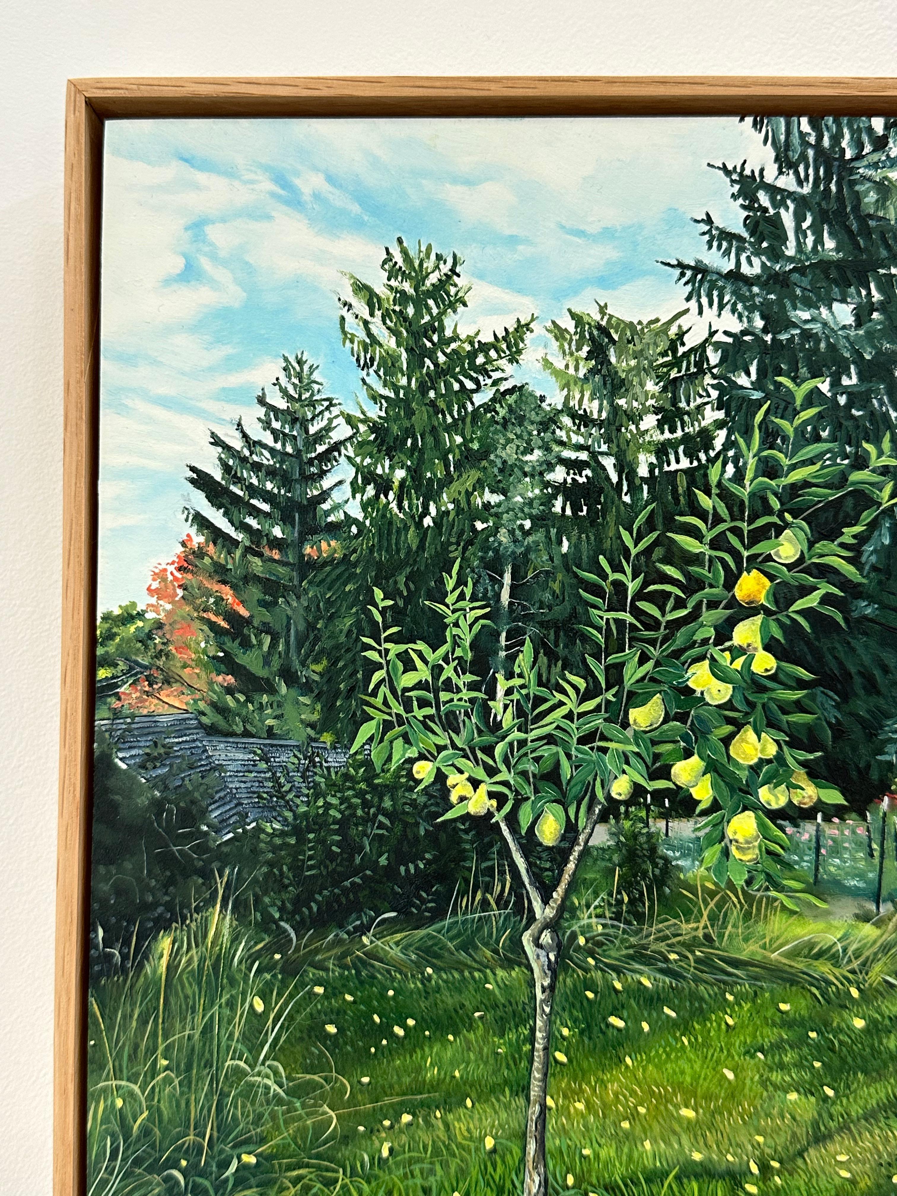Backyard Pear, Yellow Fruit, Green Leaves, Grass, Trees, Blue Sky Clouds, Garden - Contemporary Painting by Amanda Acker