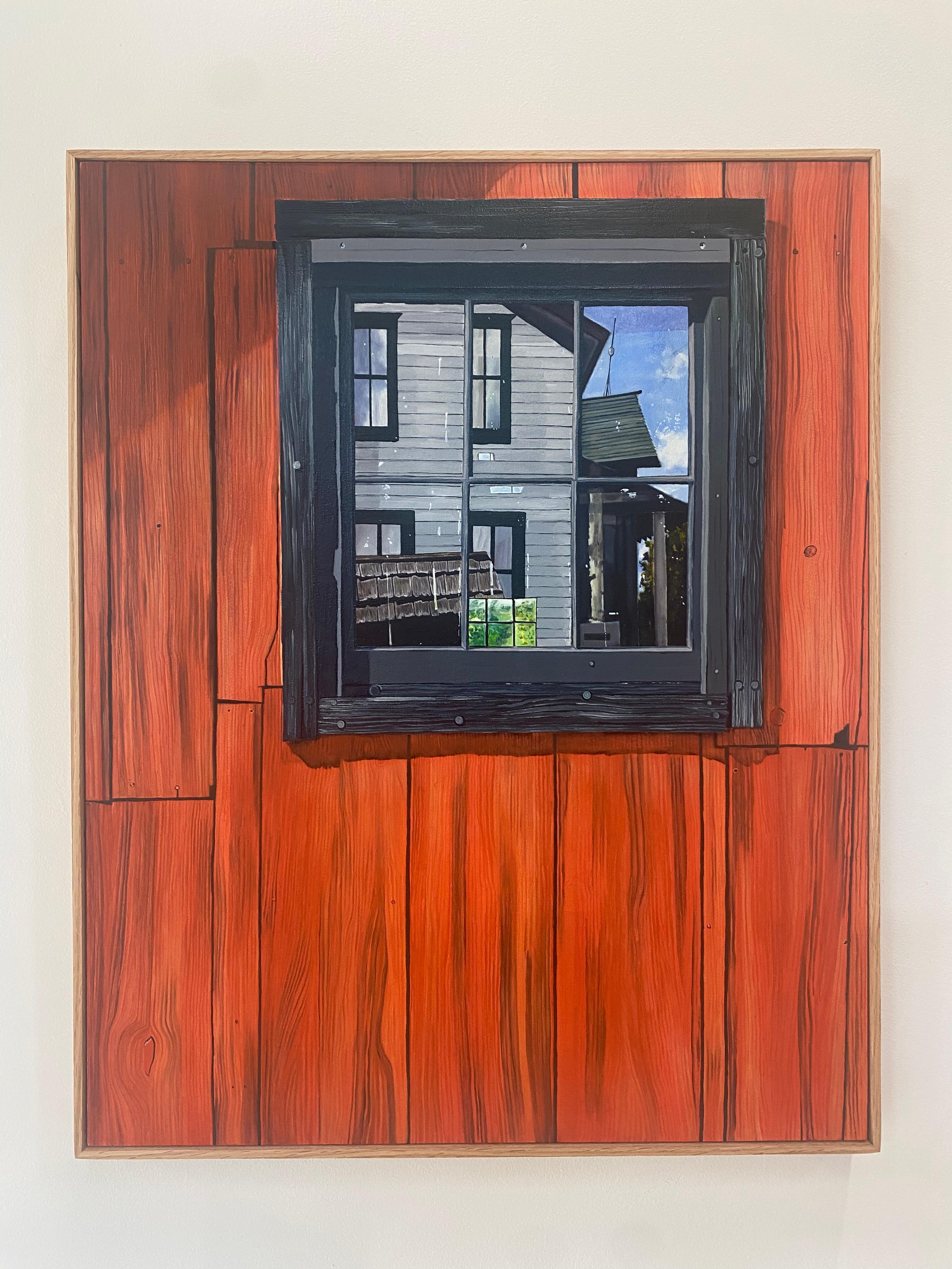Barn Window, Crimson Red Wood, Blue Sky, Green Trees Reflection - Painting by Amanda Acker