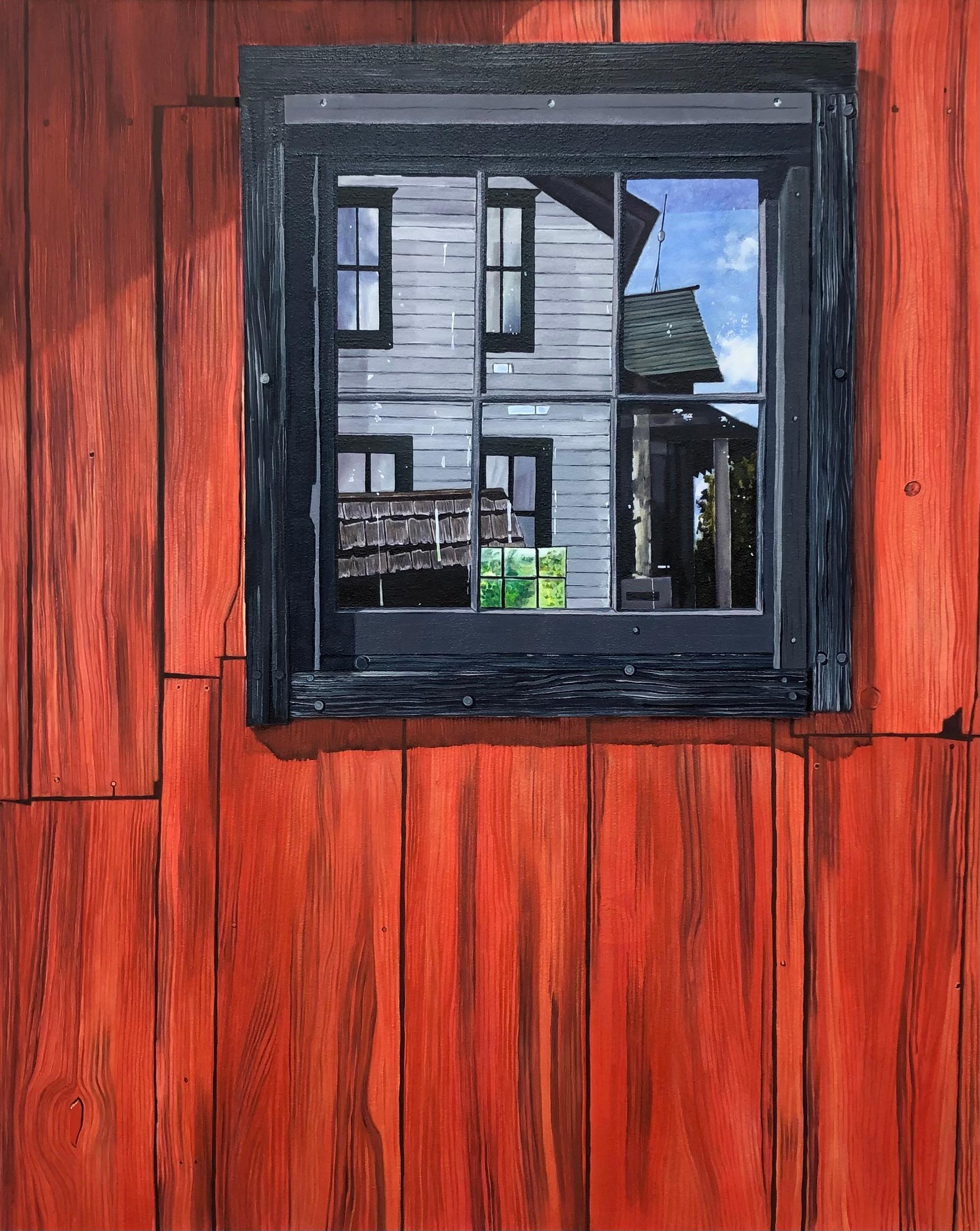 Amanda Acker Landscape Painting - Barn Window, Crimson Red Wood, Blue Sky, Green Trees Reflection