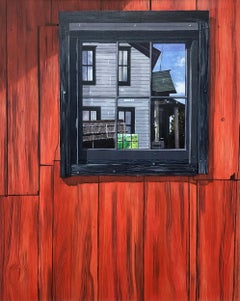Used Barn Window, Crimson Red Wood, Blue Sky, Green Trees Reflection