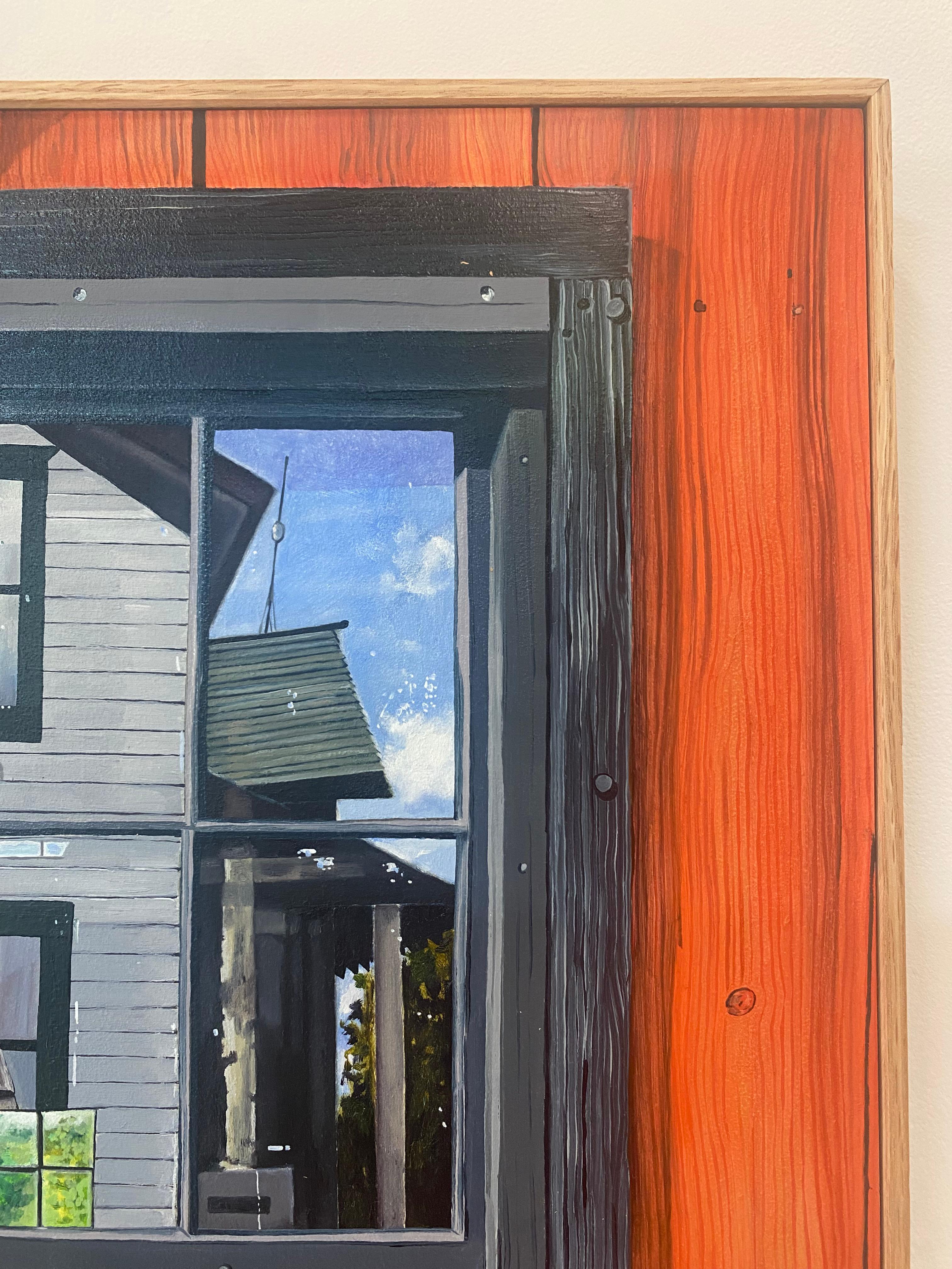 Finestra del fienile, pittura di fattoria Rosso cremisi Legno Blu Cielo Verde Alberi Riflesso 6