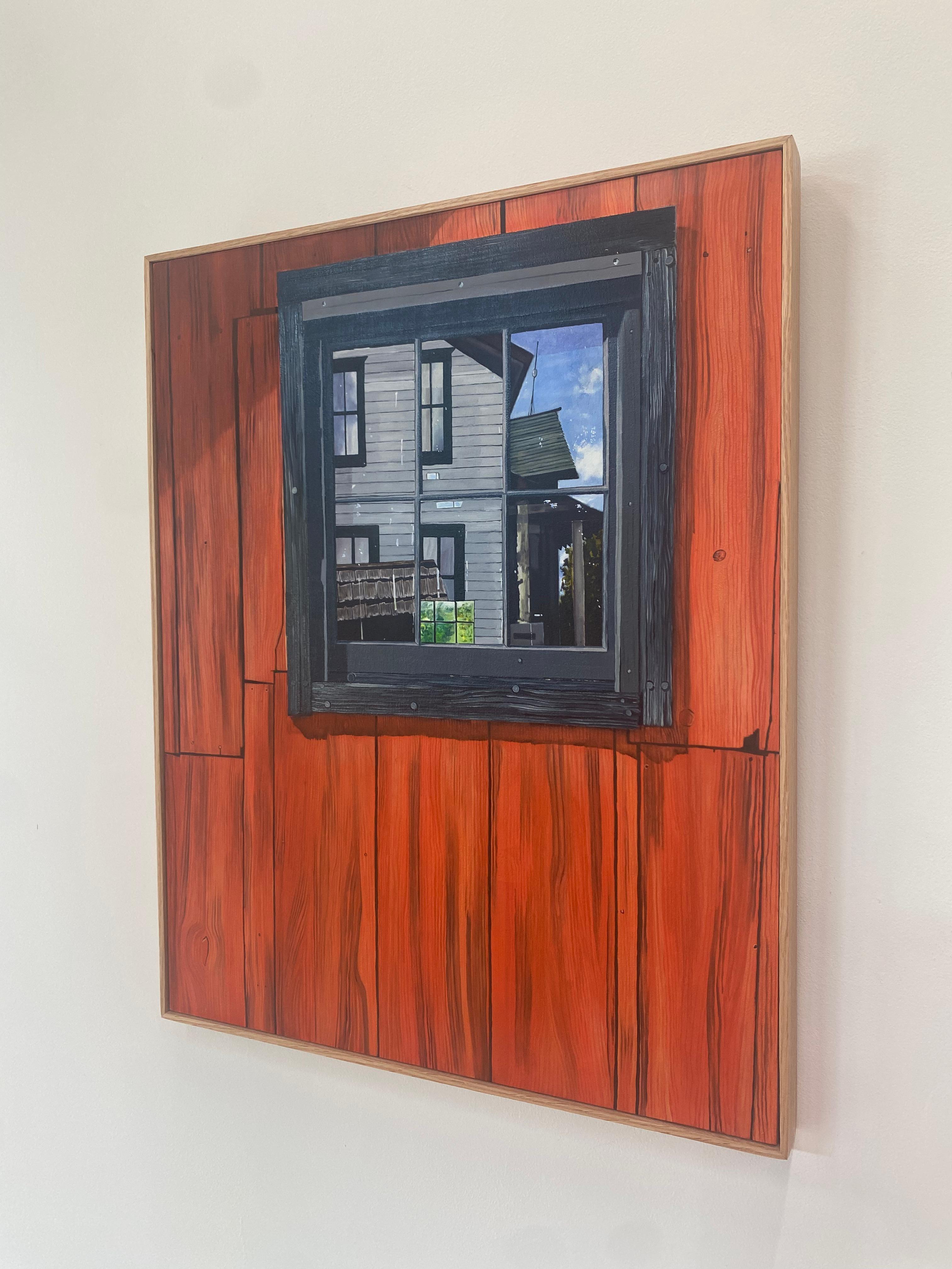 Finestra del fienile, pittura di fattoria Rosso cremisi Legno Blu Cielo Verde Alberi Riflesso 8