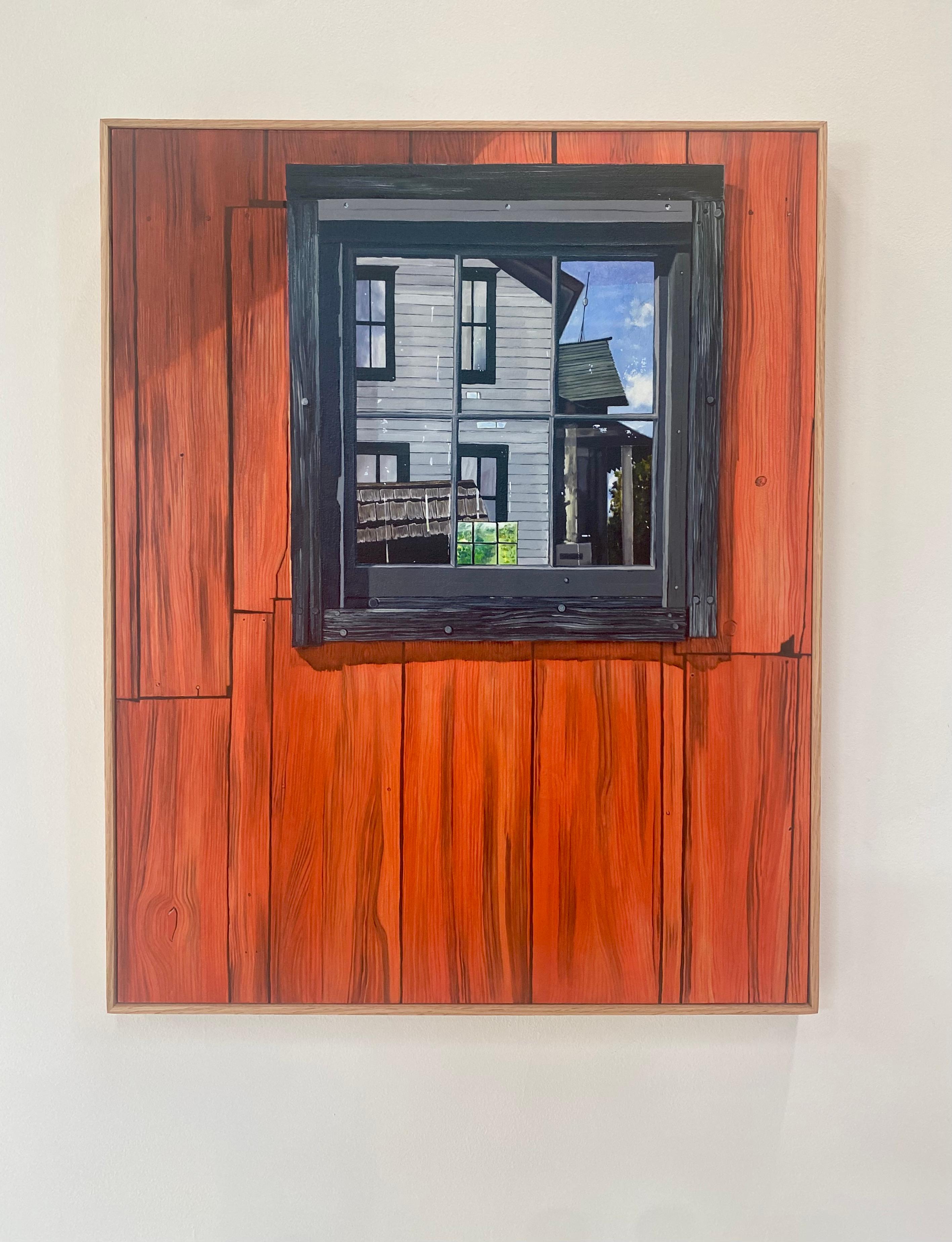 Finestra del fienile, pittura di fattoria Rosso cremisi Legno Blu Cielo Verde Alberi Riflesso 9