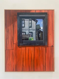 Barn Window, Farm Painting Crimson Red Wood Blue Sky Green Trees Reflection