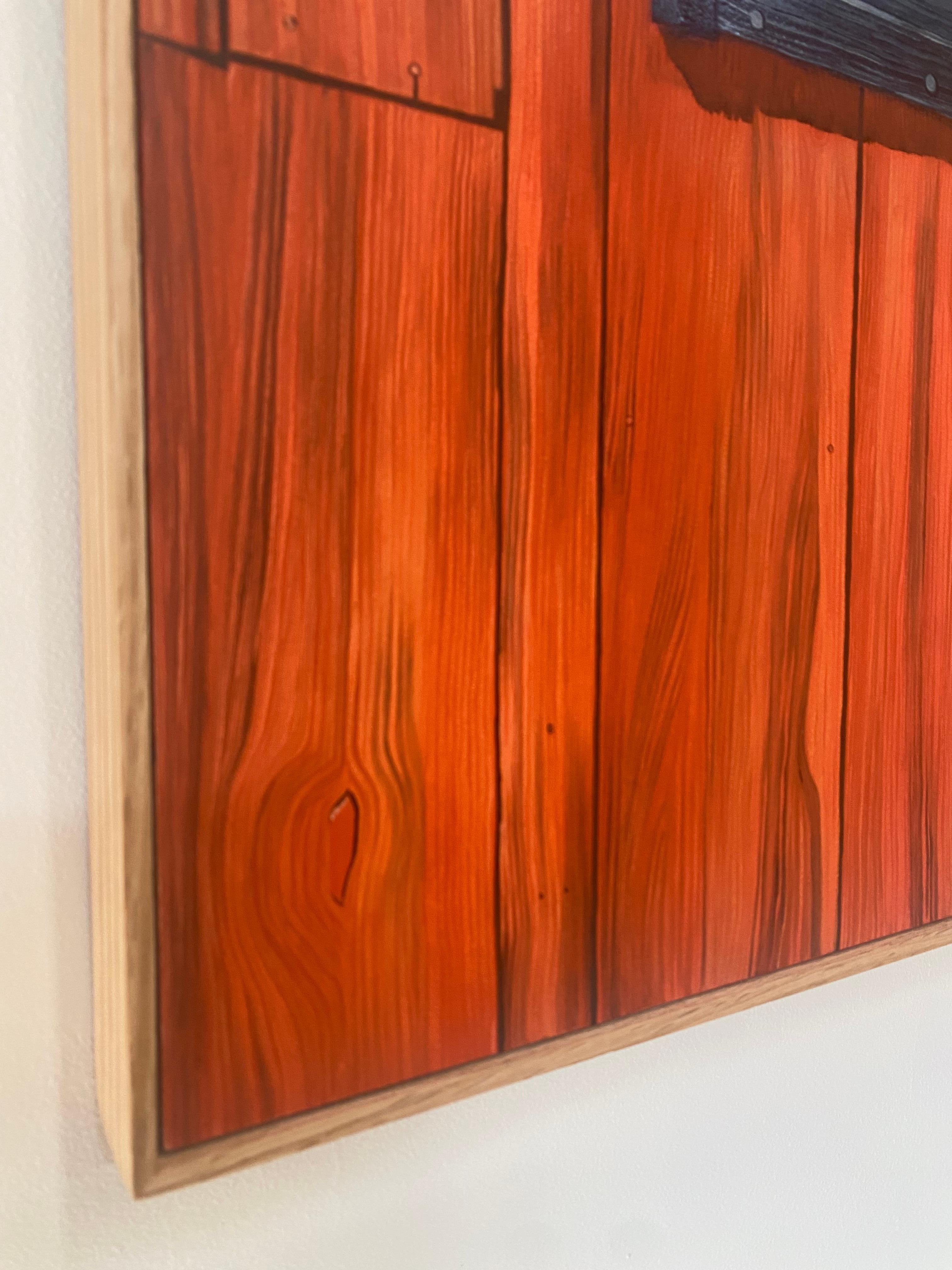 Una casa bianca con una tenda da sole nera è visibile attraverso la finestra di un fienile rosso, così come il riflesso del verde brillante della botanica all'aperto visto attraverso la finestra opposta del fienile.

Gli sfumati dipinti a olio su