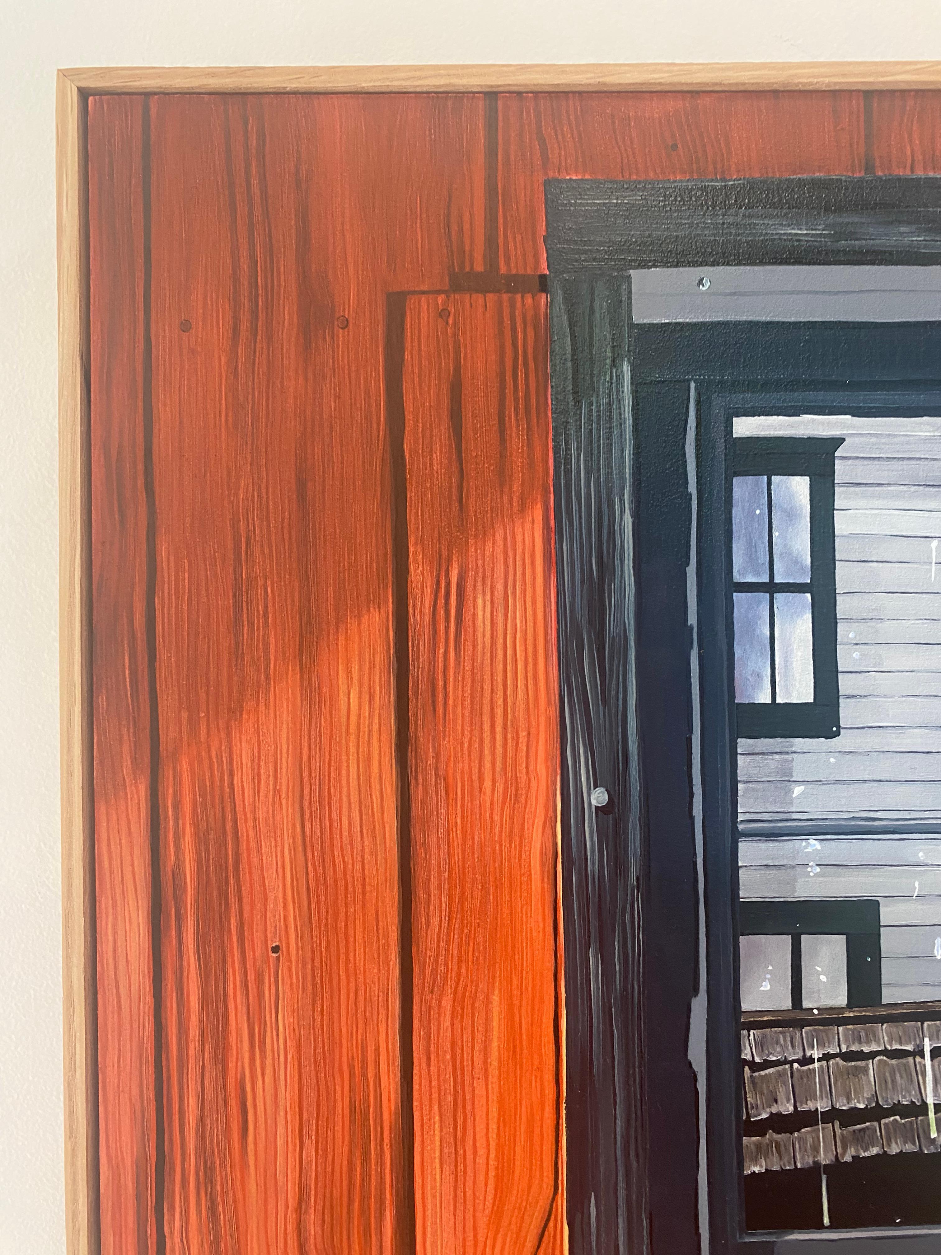 Finestra del fienile, pittura di fattoria Rosso cremisi Legno Blu Cielo Verde Alberi Riflesso 1