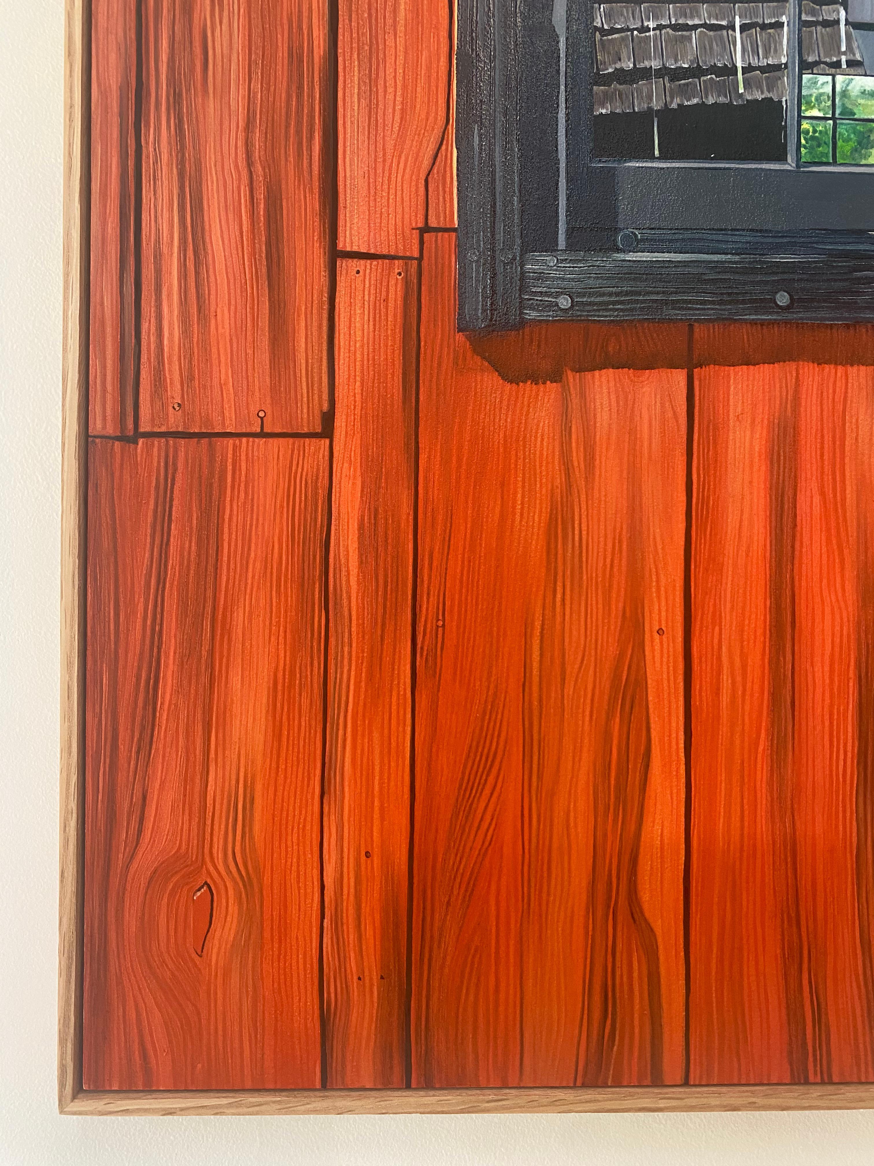 Finestra del fienile, pittura di fattoria Rosso cremisi Legno Blu Cielo Verde Alberi Riflesso 2