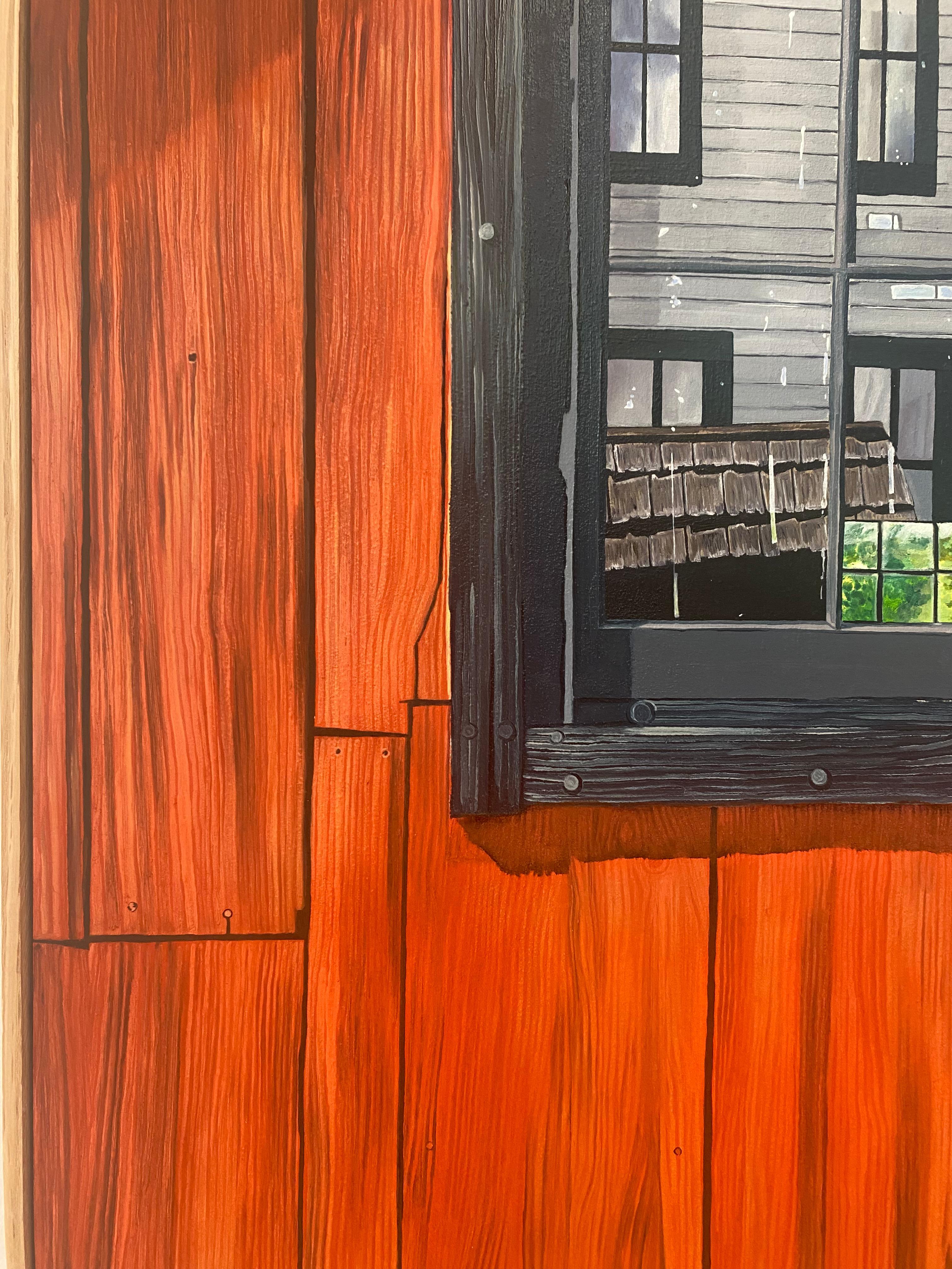Finestra del fienile, pittura di fattoria Rosso cremisi Legno Blu Cielo Verde Alberi Riflesso 3
