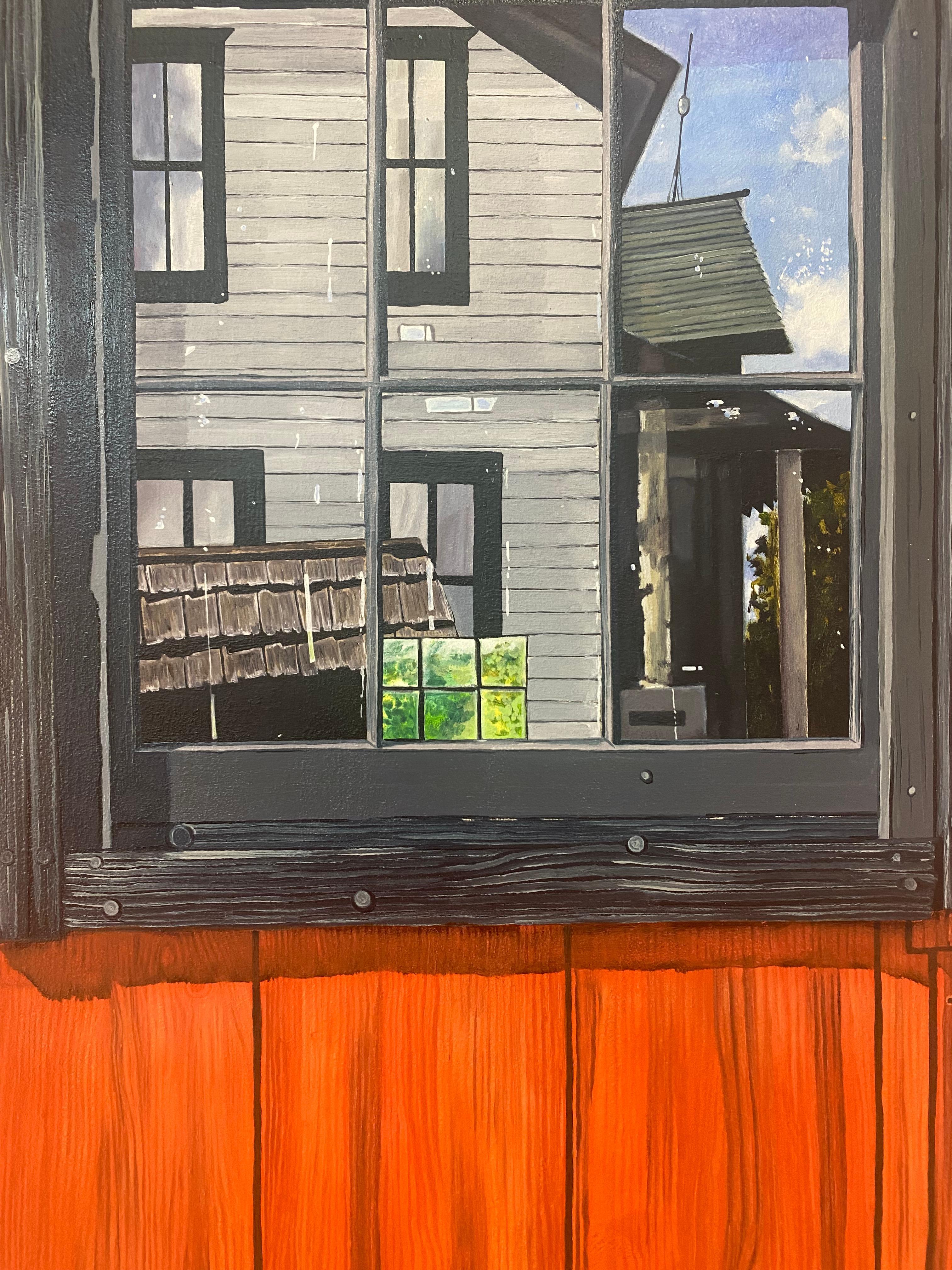 Finestra del fienile, pittura di fattoria Rosso cremisi Legno Blu Cielo Verde Alberi Riflesso 4