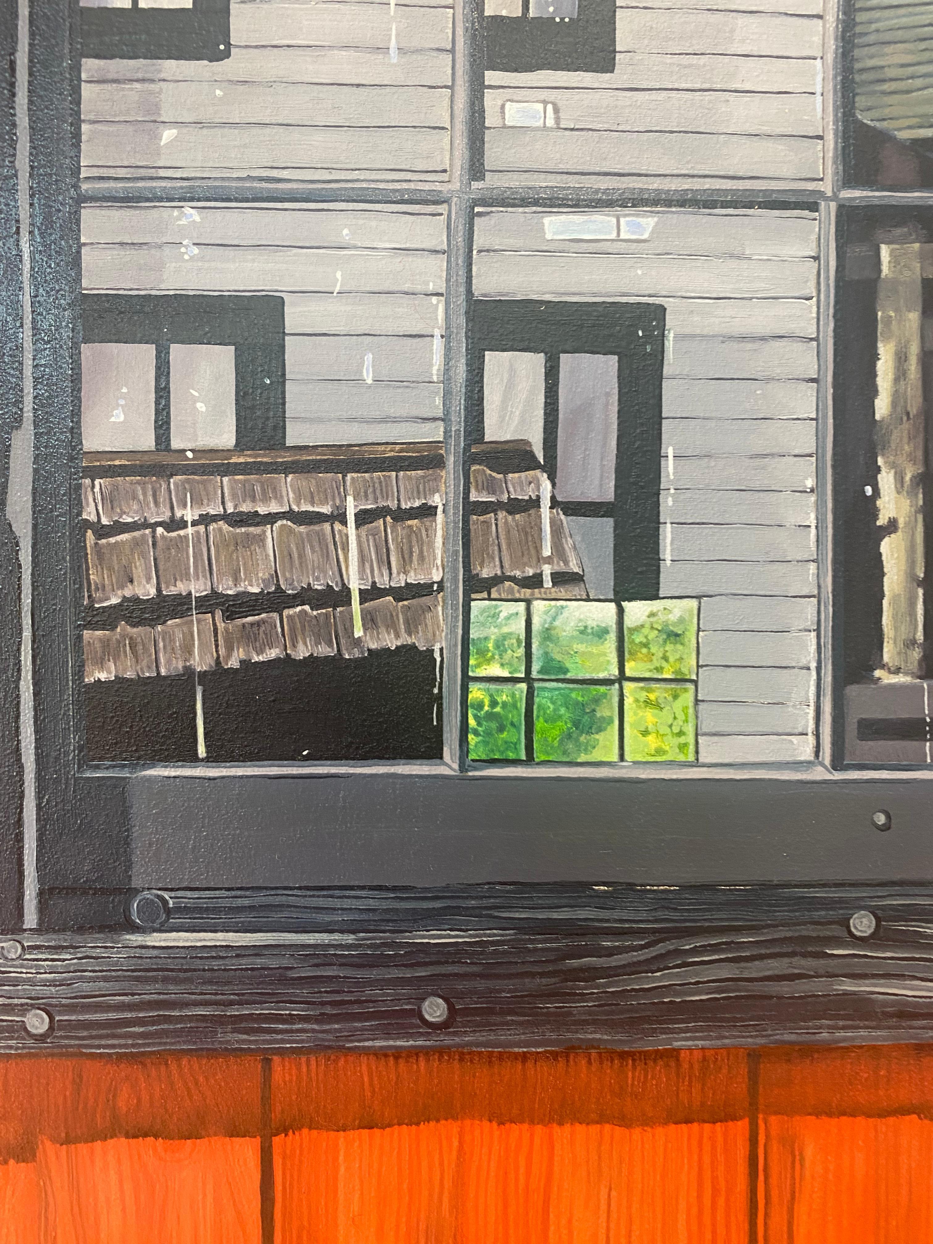 Finestra del fienile, pittura di fattoria Rosso cremisi Legno Blu Cielo Verde Alberi Riflesso 5