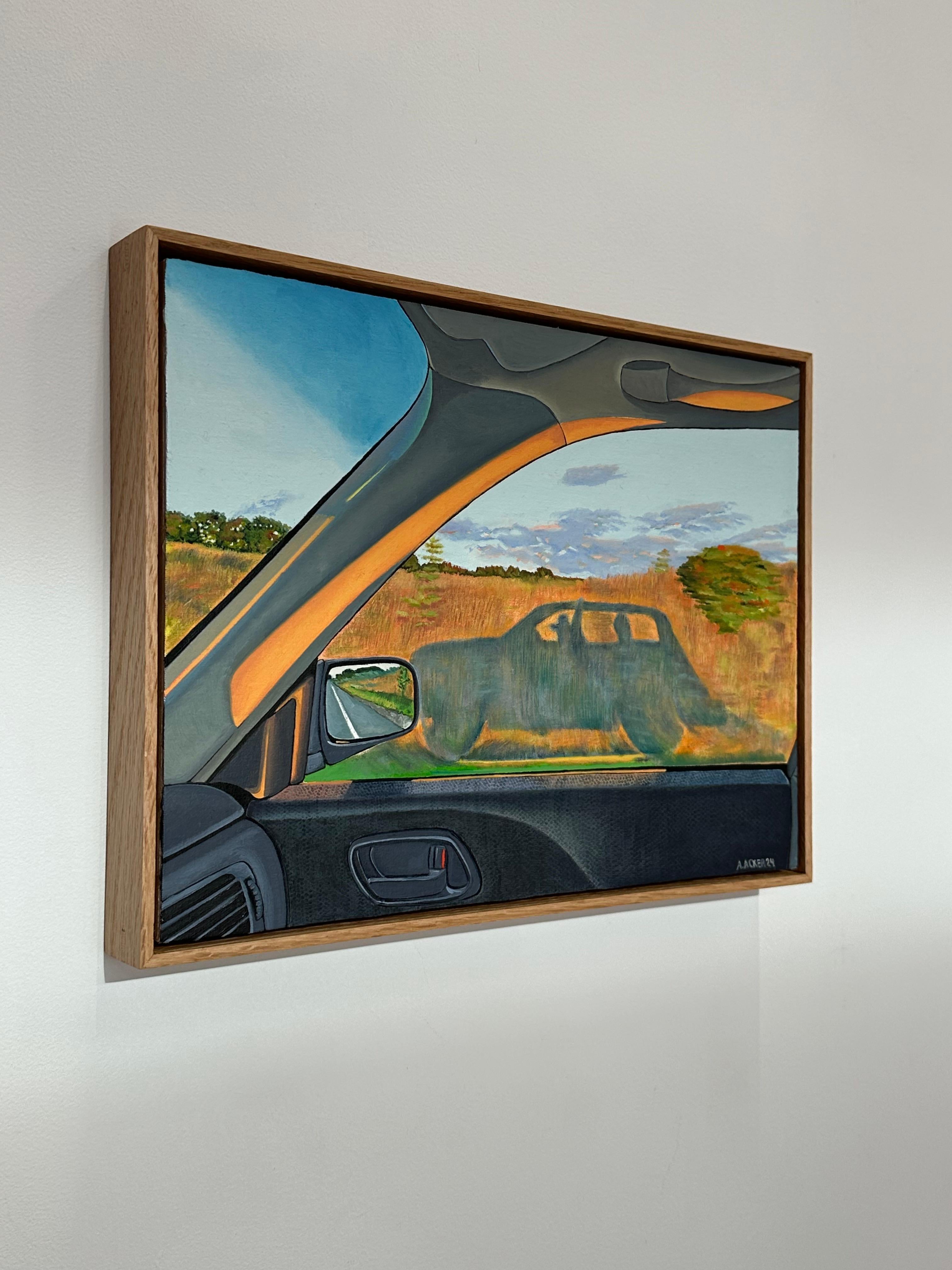 Car Shadow - Contemporary Field Landscape Through Window Blue Sky Clouds, 2024 - Painting by Amanda Acker