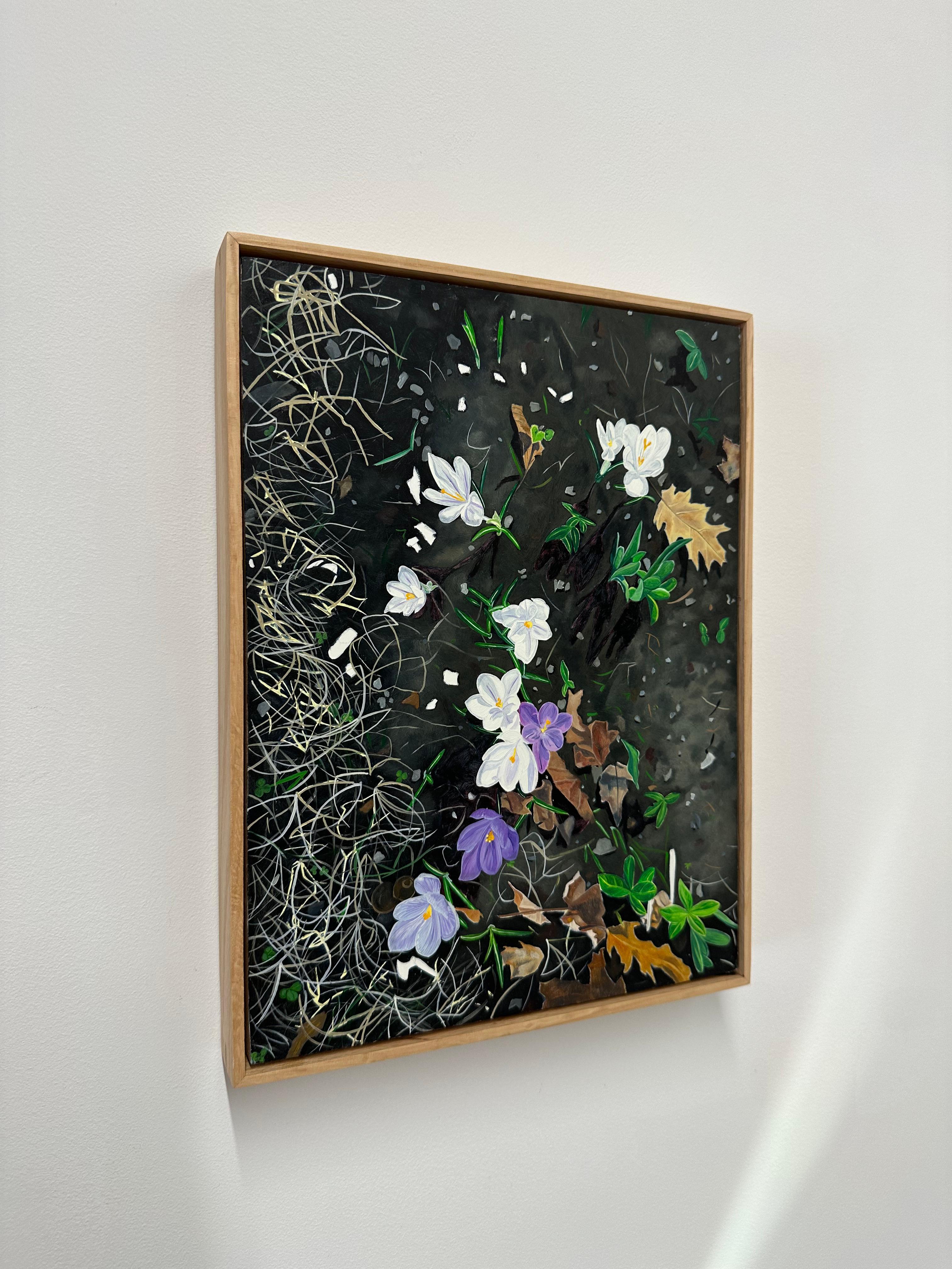 Crocus Spoke, Purple, White Flowers in Dark Soil, Green Grass, Leaves, Botanical - Contemporary Painting by Amanda Acker