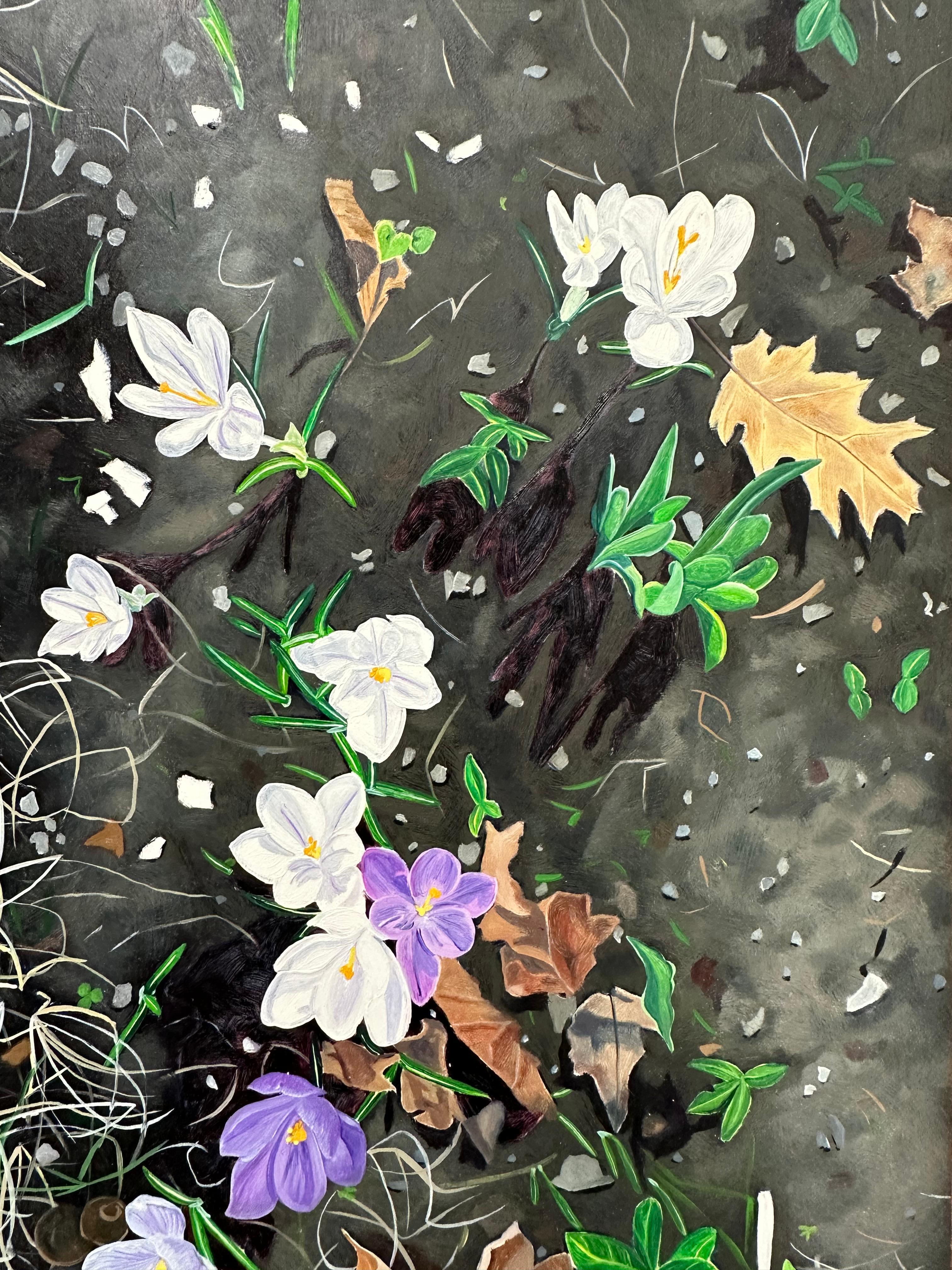Purple and white crocuses are bright against the dark soil, while little tufts of grass begin to sprout from the ground. Signed, dated and titled on verso and framed in a natural wood float frame.
 
Amanda Acker’s nuanced oil paintings on panel give