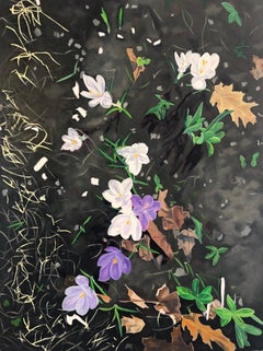 Crocus Spoke, Purple, White Flowers in Dark Soil, Green Grass, Leaves, Botanical