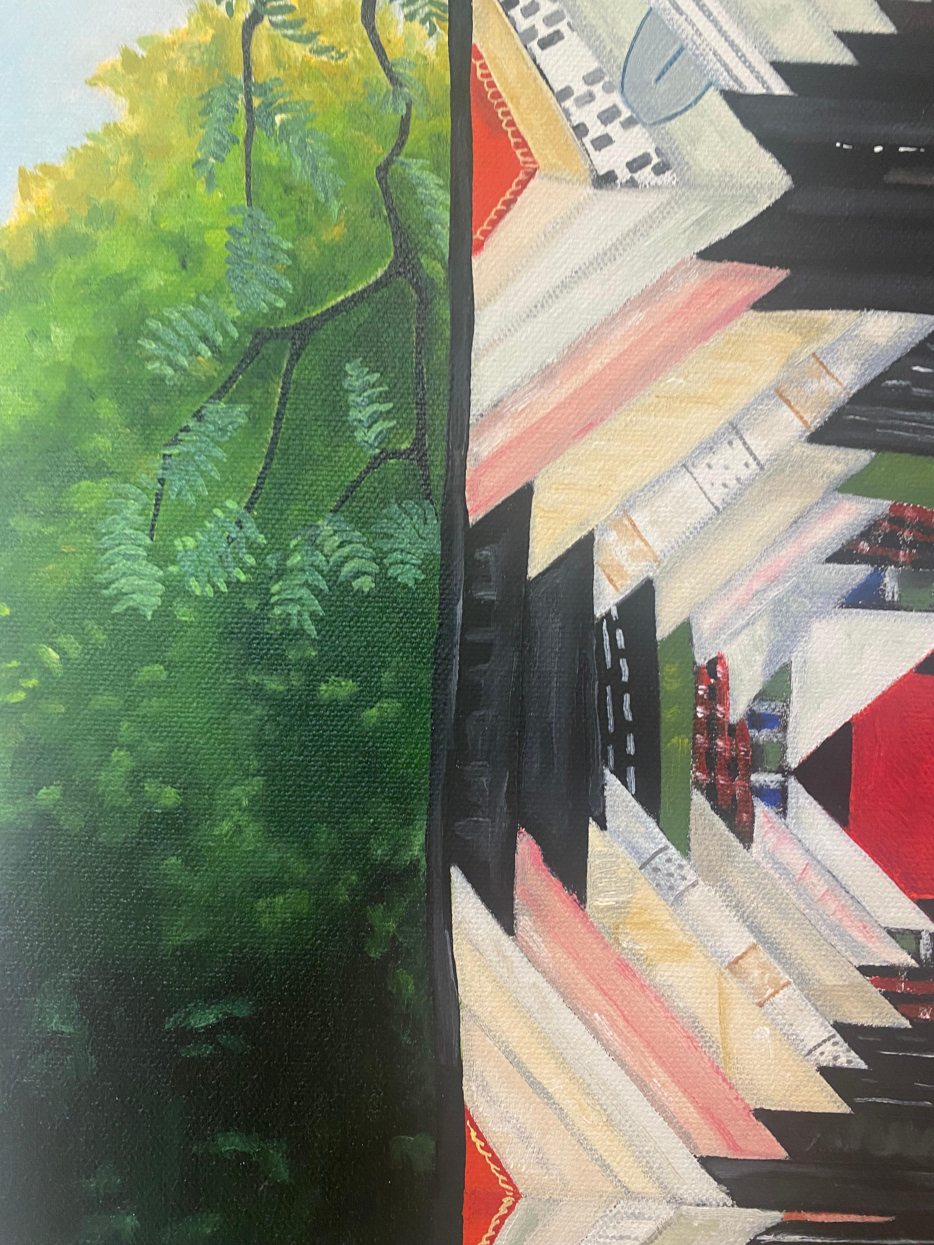 Frances Swan - Backyard Garden Painting Patterned Quilt Trees Green Grass, 2023 en vente 1