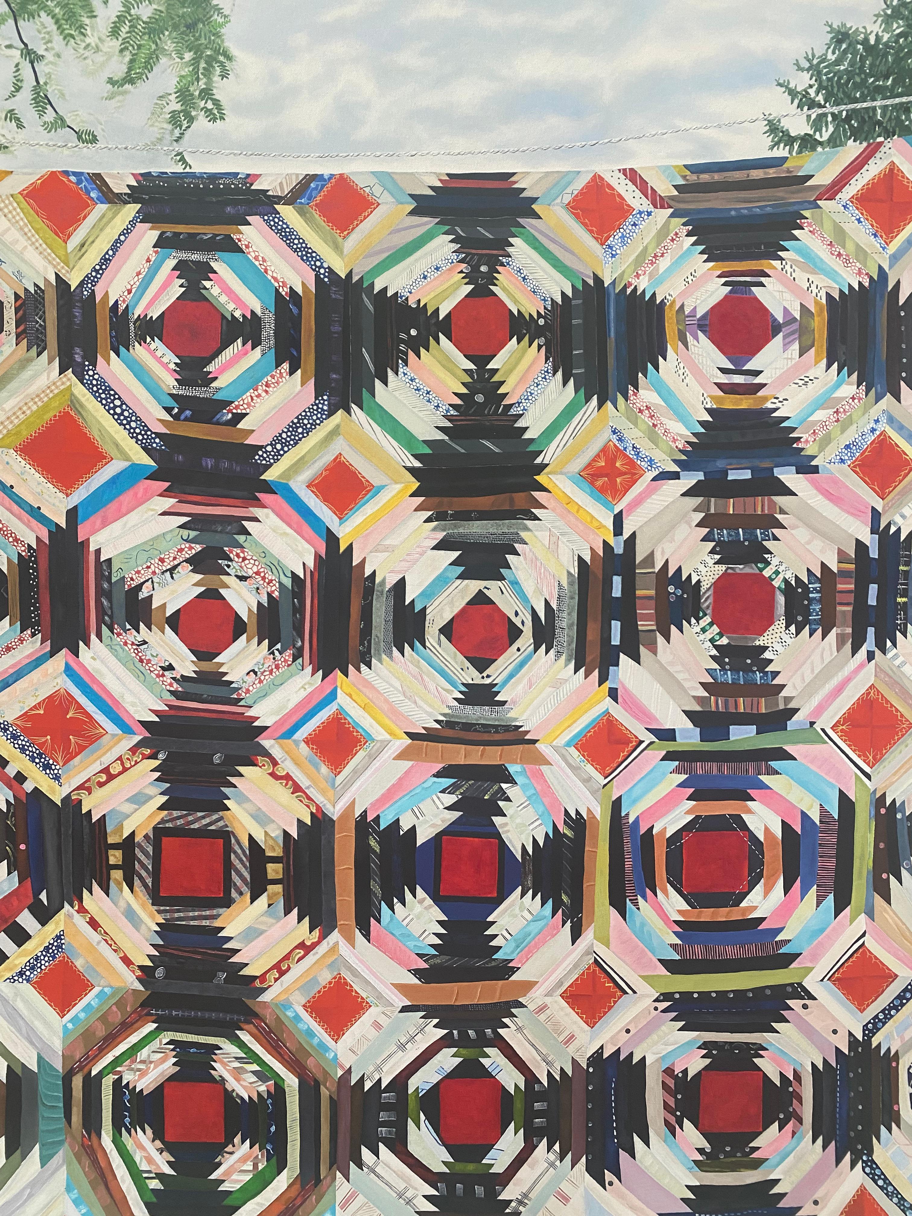 Frances Swan - Backyard Garden Painting Patterned Quilt Trees Green Grass, 2023 en vente 2
