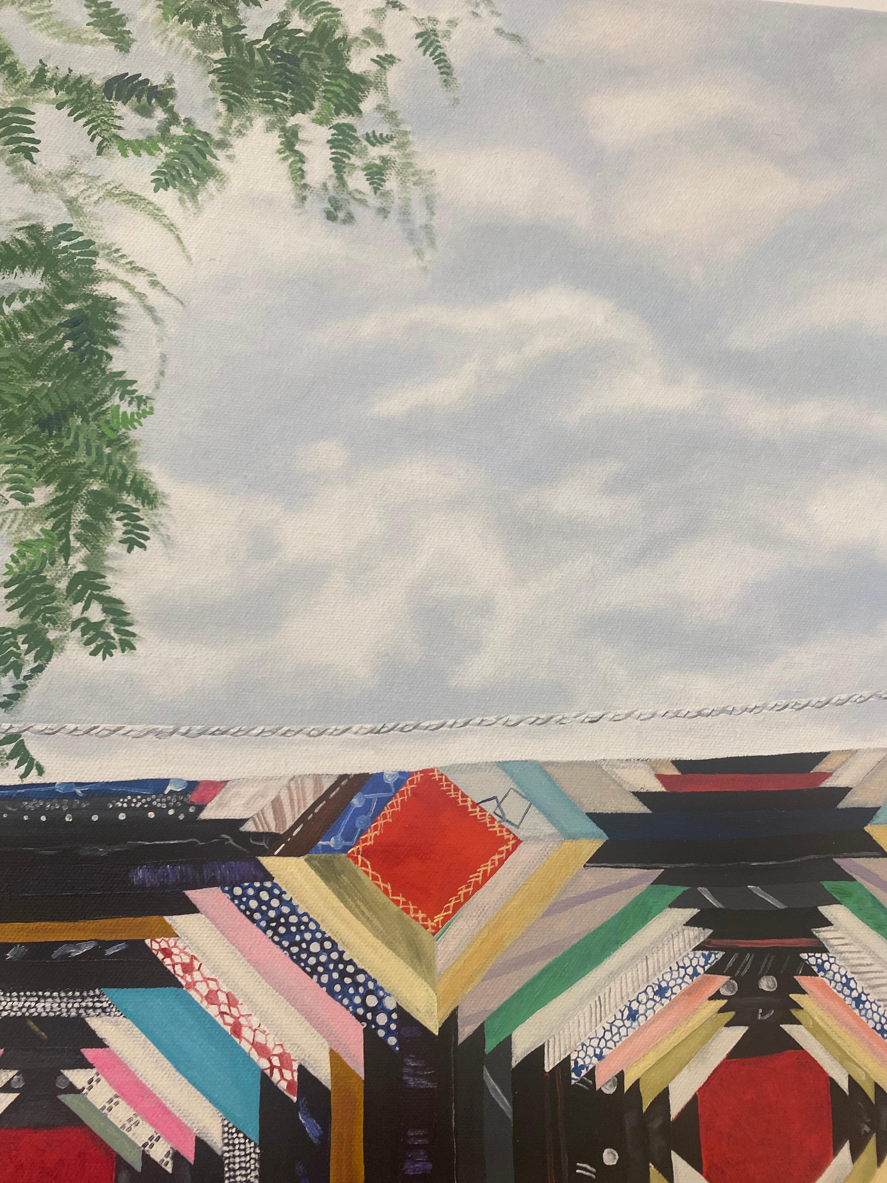 Frances Swan - Backyard Garden Painting Patterned Quilt Trees Green Grass, 2023 en vente 3