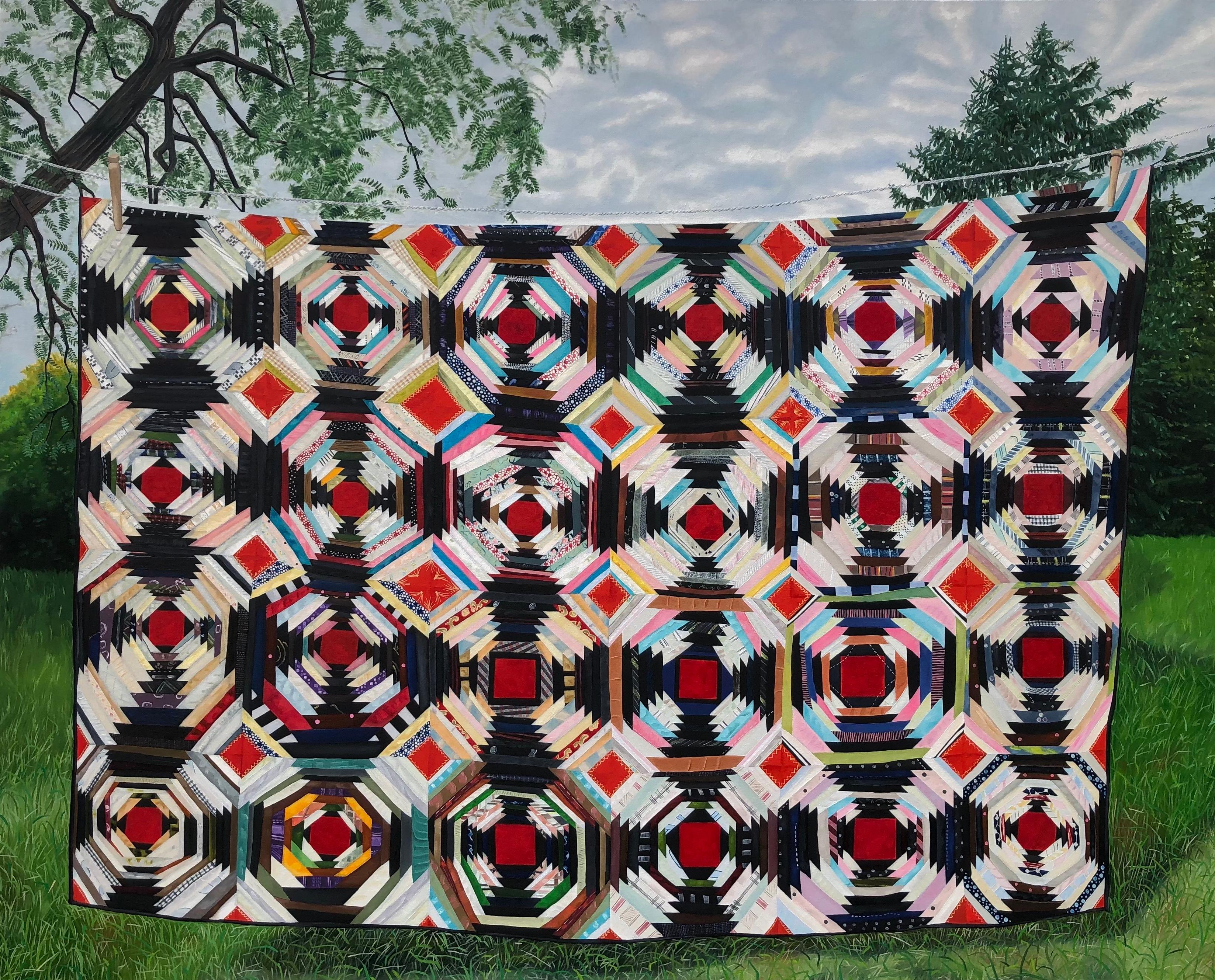 Landscape Painting Amanda Acker - Frances Swan - Backyard Garden Painting Patterned Quilt Trees Green Grass, 2023