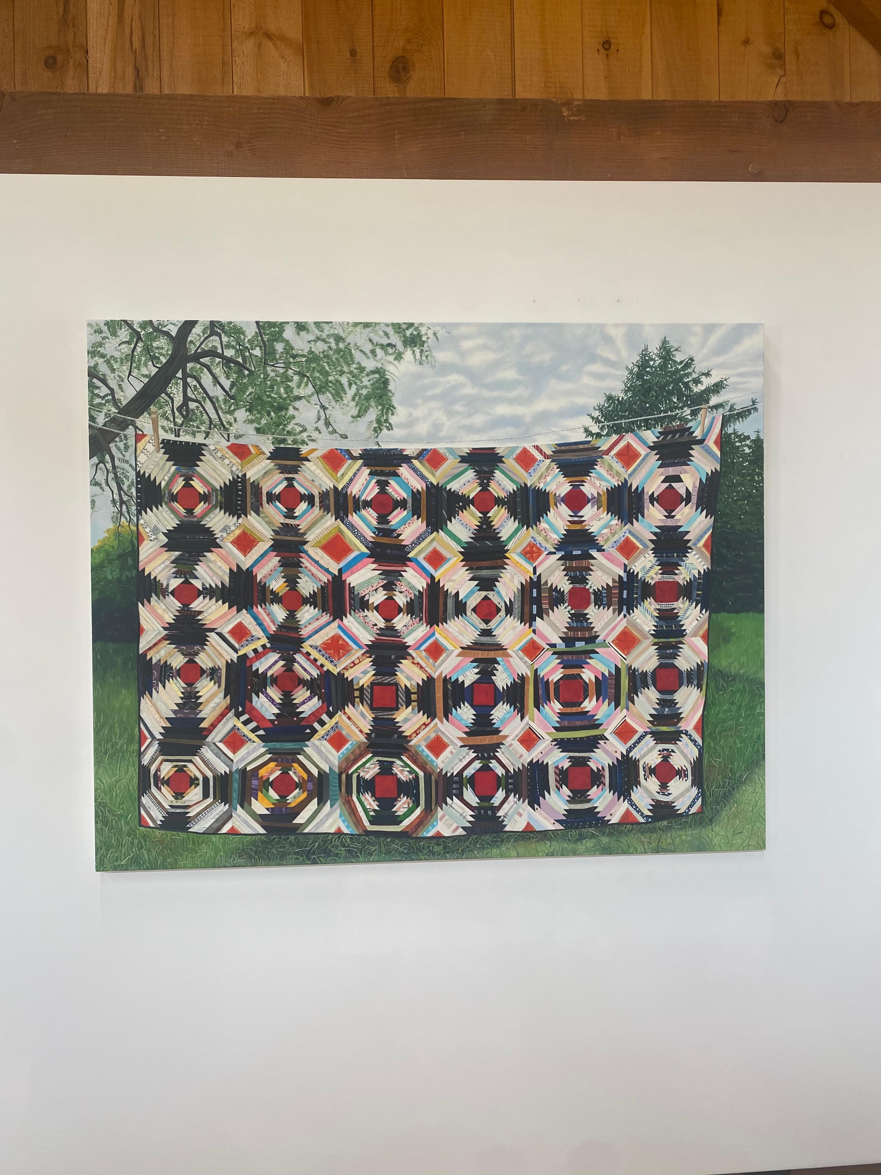 Frances Swan, Patterned Quilt, Red, Blue, Pink, Black, Green Grass Garden, Trees - Painting by Amanda Acker